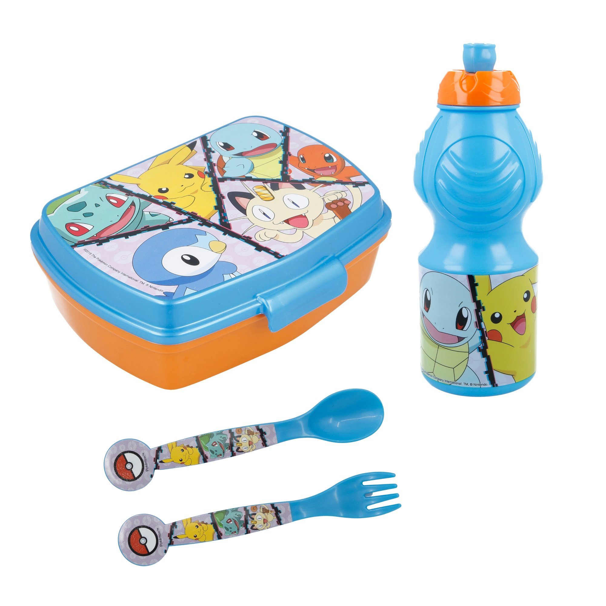POKÉMON Lunchbox Pokemon Pikachu Kinder 4 teiliges Lunch Set, Kunststoff, (4-tlg), Brotdose Trinkflasche Messer und Gabel
