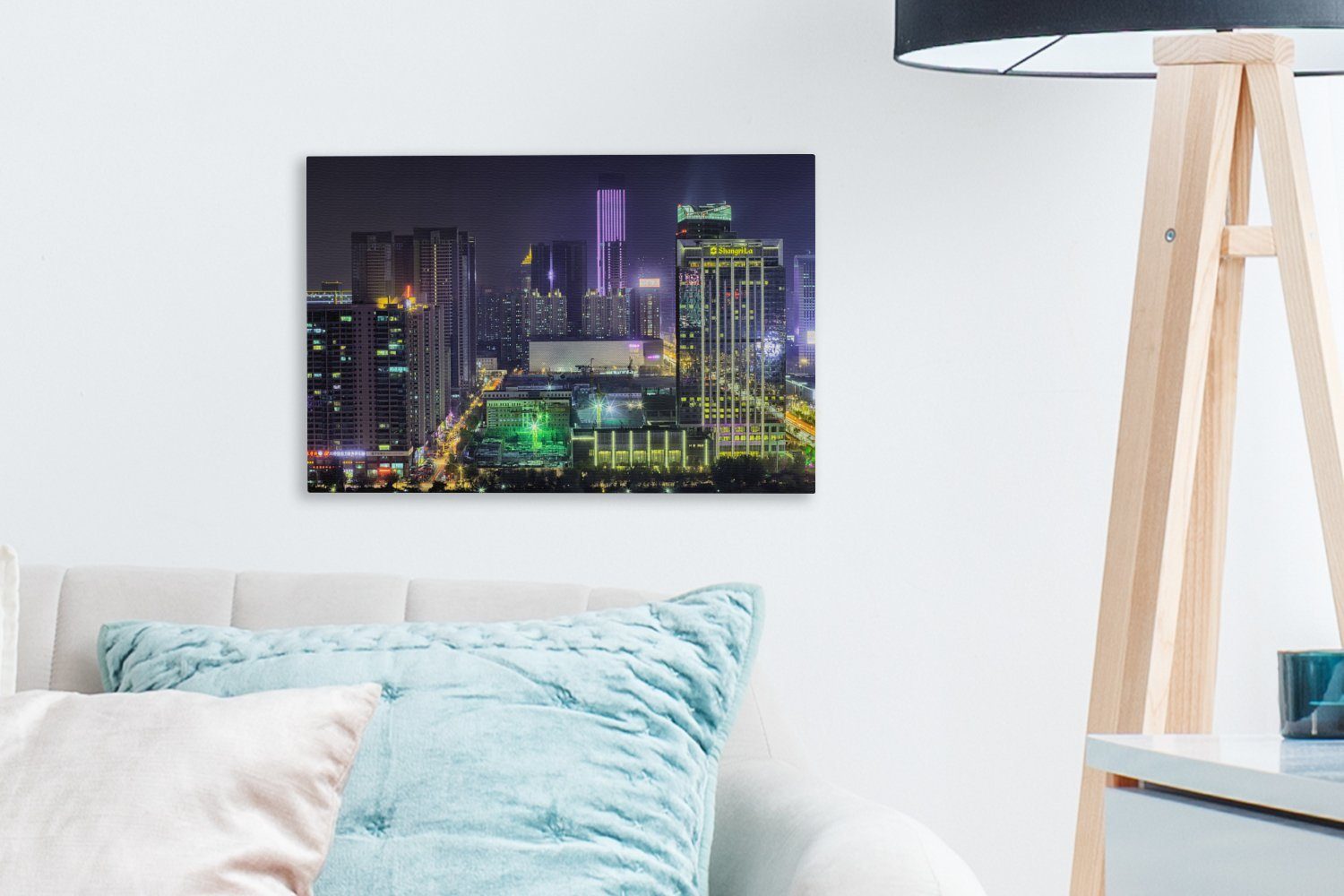 30x20 cm Leinwandbilder, Metropole Wandbild der Shenyang Leinwandbild Skyline am St), Aufhängefertig, Abend, OneMillionCanvasses® (1 Wanddeko,