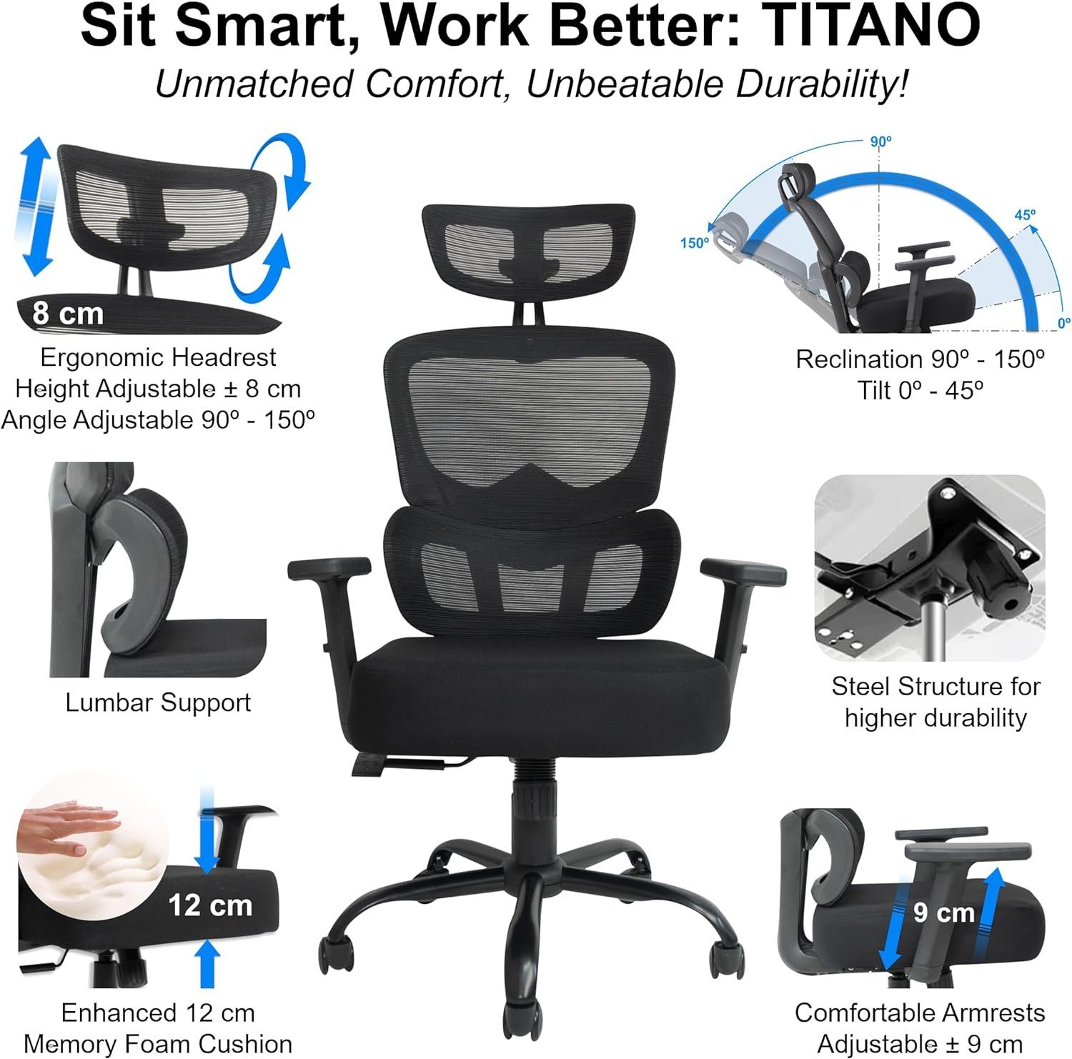 Sitz), TITANO Bürostuhl Verstellbarer Bürostuhl - ergonomisch: Höhe (Bürostuhl Schreibtischstuhl verstellbarem Schreibtischstuhl mit mit Ergonomischer