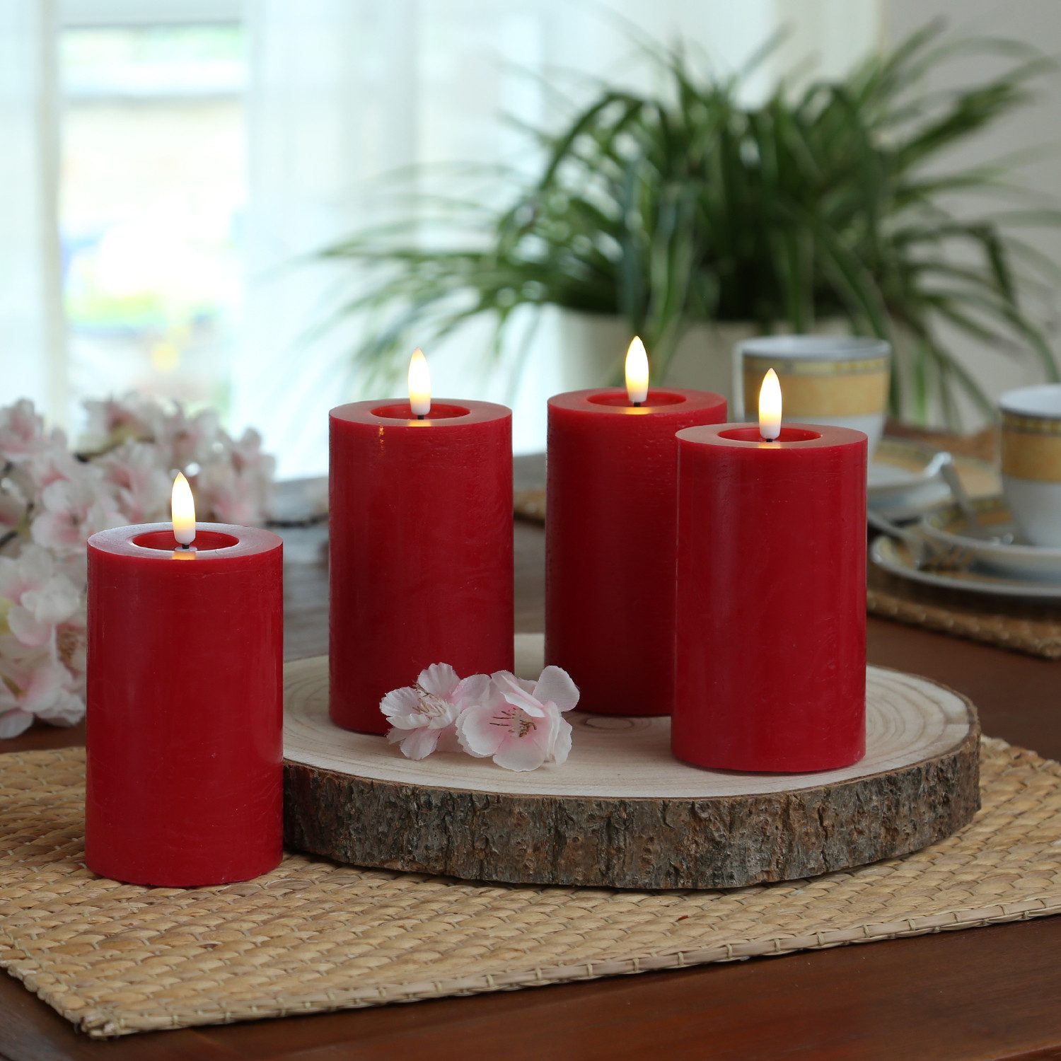 Adilina LED-Kerze Kerzenset LINA Rustik Optik für Adventskranz 7x11cm Timer rot 4St, LED Classic, warmweiß (2100K bis 3000K)