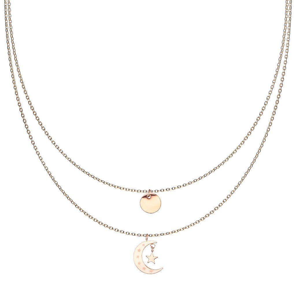 BUNGSA Ketten-Set Kette Doppelkette Plättchen, Mond Sterne rosegold Edelstahl Damen (1-tlg), Halskette Necklace