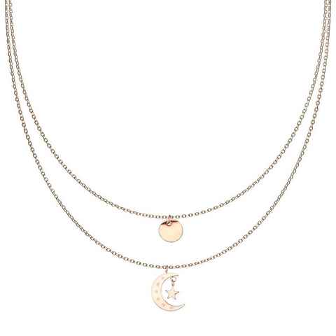 BUNGSA Ketten-Set Kette Doppelkette Plättchen, Mond und Sterne rosegold aus Edelstahl (1-tlg), Halskette Necklace