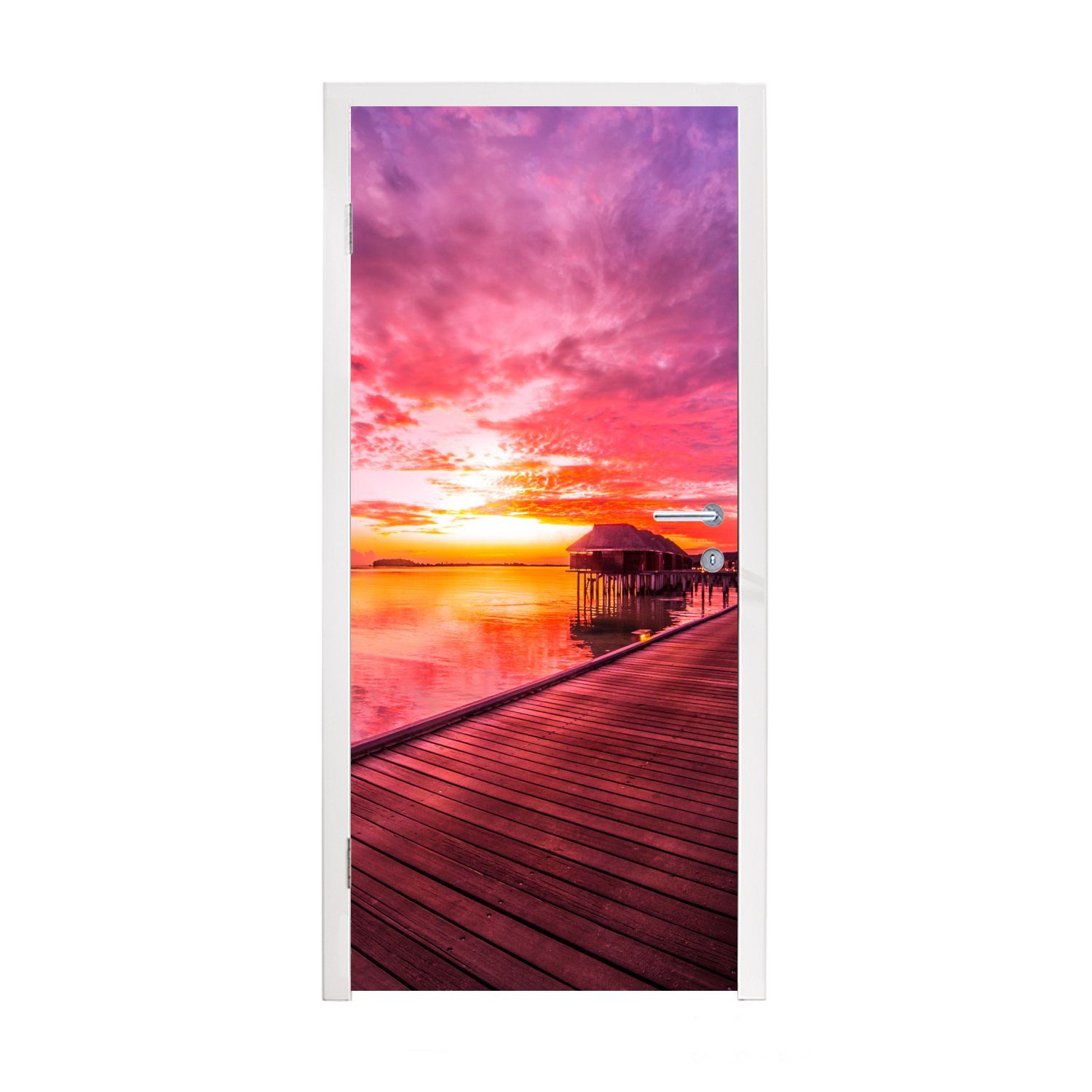 MuchoWow Türtapete Steg - Wasser - Sonne - Rosa - Horizont, Matt, bedruckt, (1 St), Fototapete für Tür, Türaufkleber, 75x205 cm
