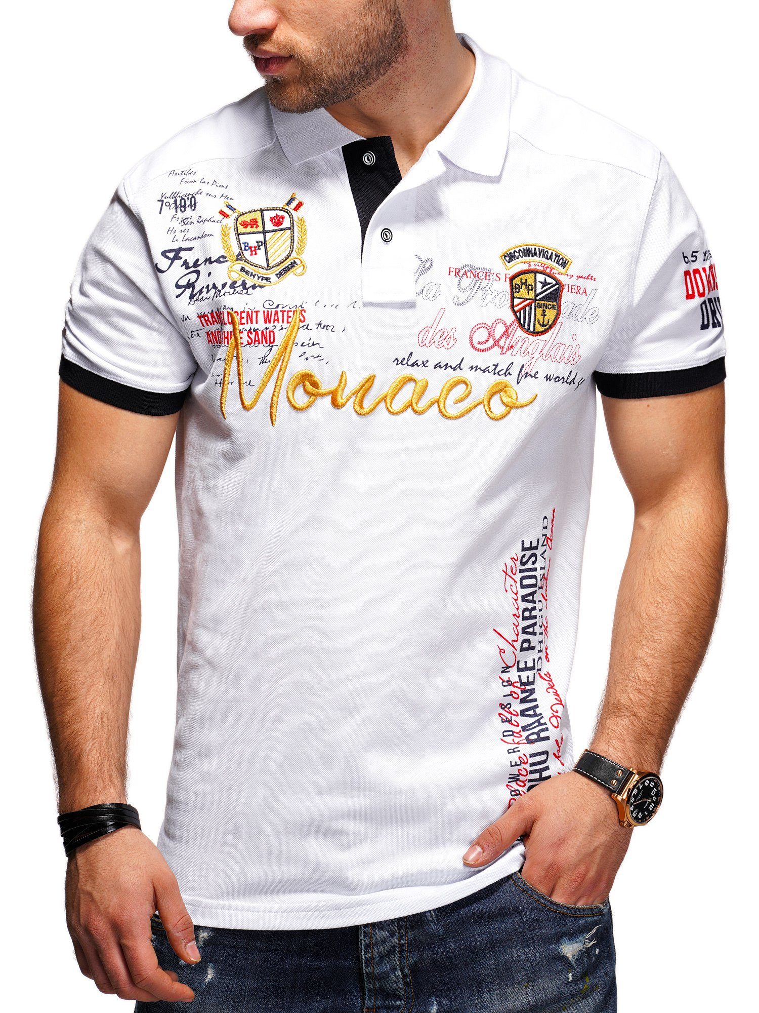 Style-Division Poloshirt SDPLANO Bedruckt & mit Stickereien Weiß
