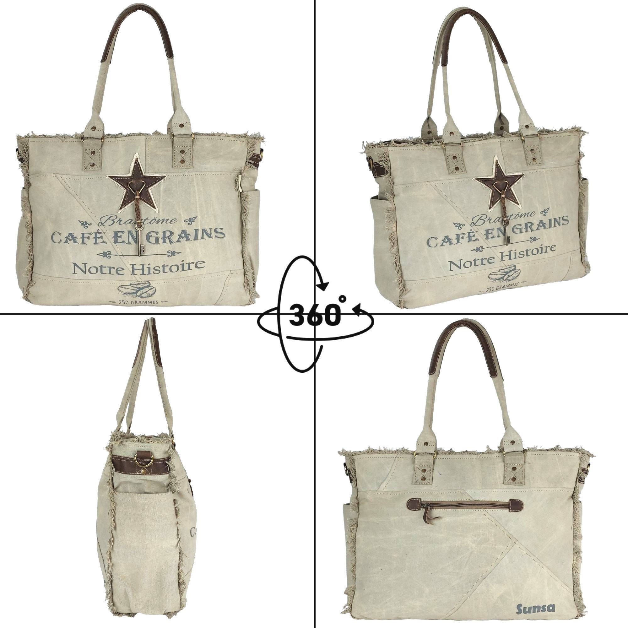 Nachhaltige XXL Tasche Sunsa enthält aus Deutsches Schultertasche recyceltes große Leder. Handtasche. als Damen Canvas Material, Geschenkideen, Strandtasche/Weekender. Handtasche Design Vintage &