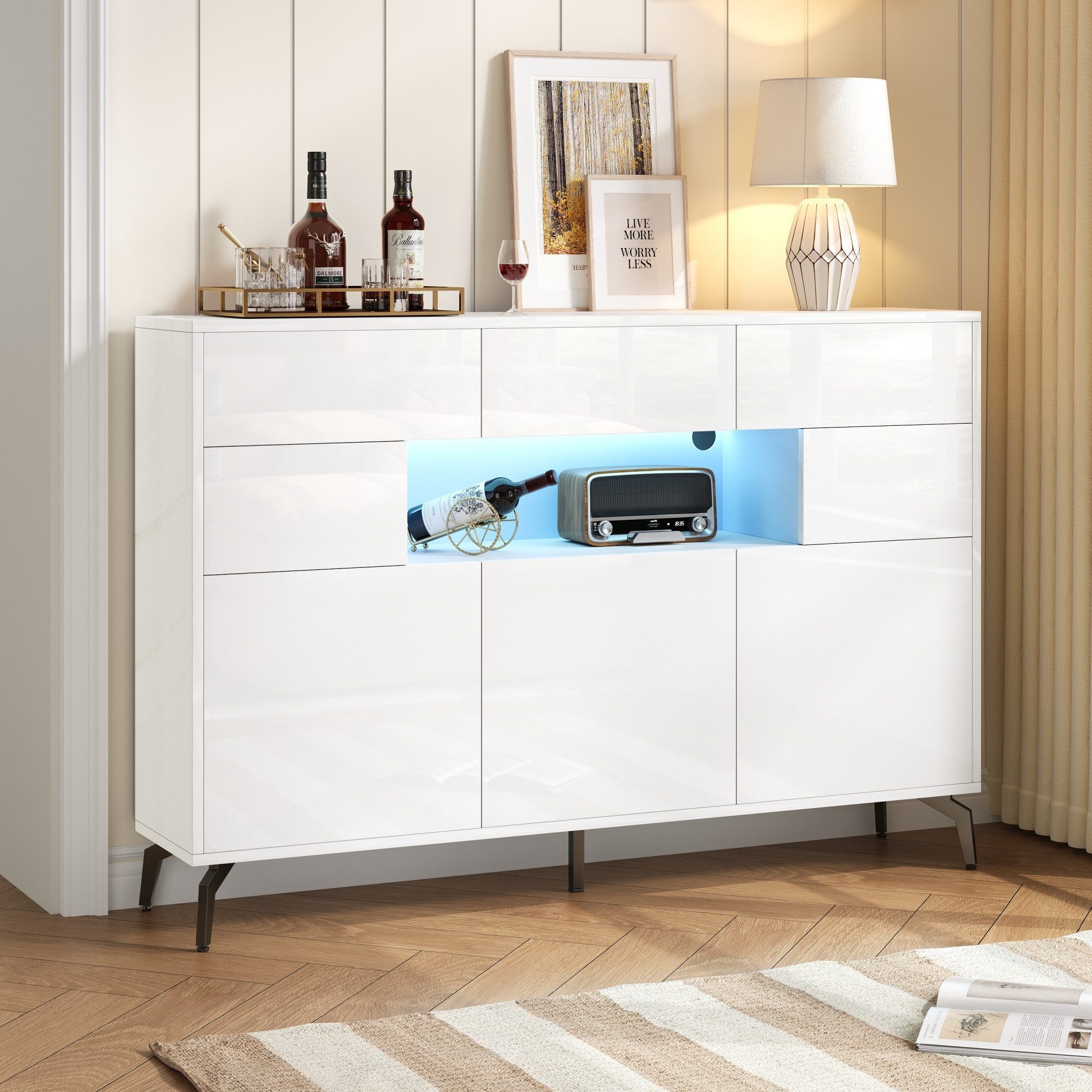 Merax Sideboard Hochglanz Buffetschrank mit LED-Beleuchtung (modernes Design für Wohnzimmer, 1 St., 140×30×94 cm), Anrichte Kommode mit 3 Schubladen & 5 Шафиn & 5 Metallbeinen