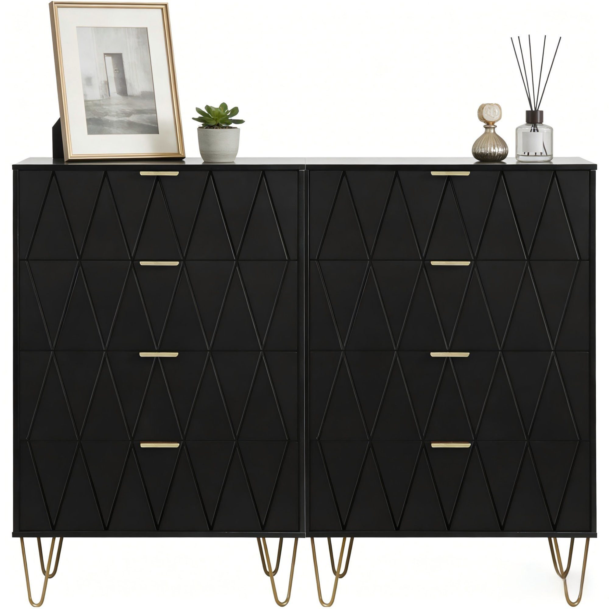 UEV Kommode modern Sideboard schmal Mehrzweckschrank für Kleidung Dokumente (Packung, Kommode mit 4 Schubladen 2er set, 120 x 34 x 91 cm), Schmal Beistellschrank für Wohnzimmer Schlafzimmer Flur