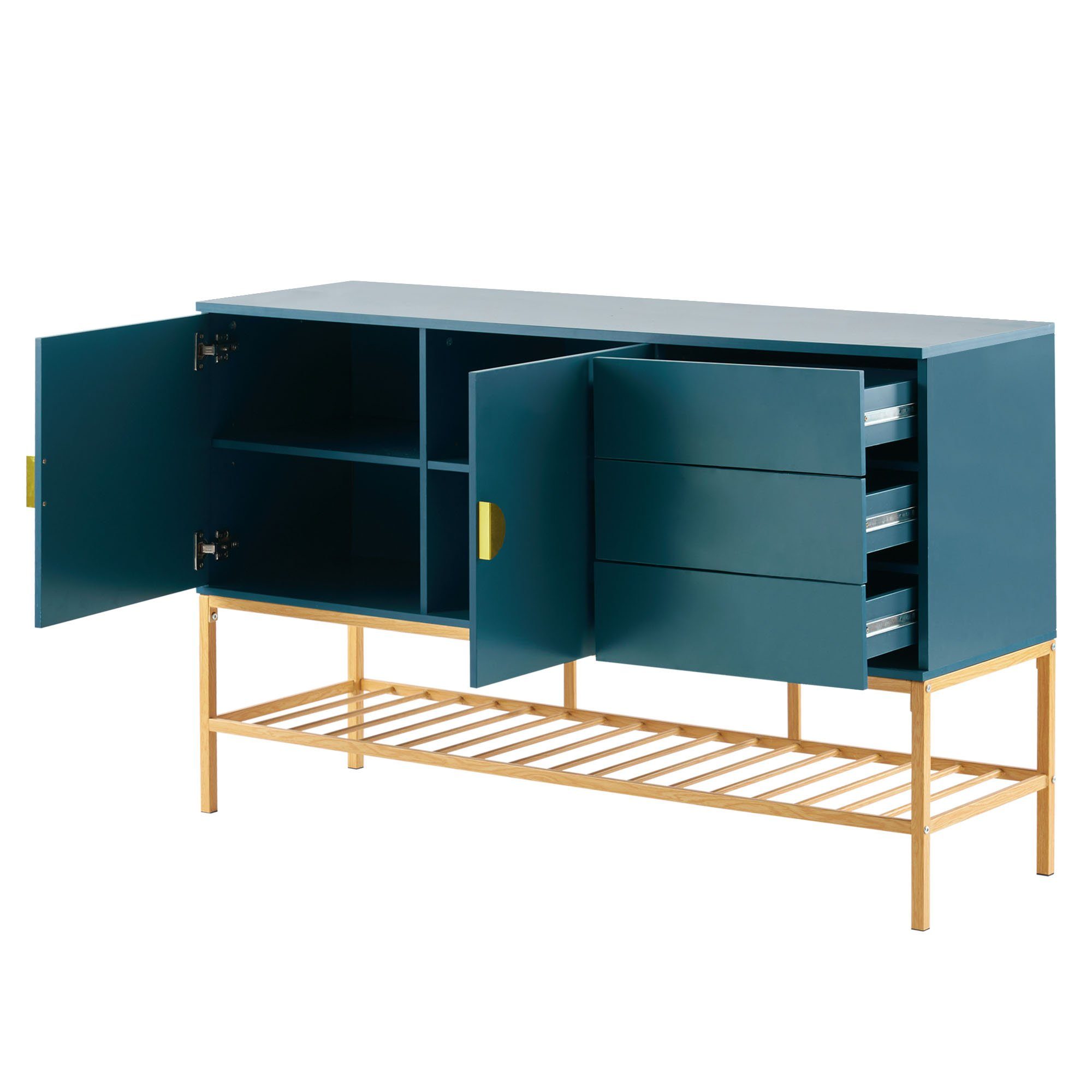 WISHDOR Schrank blauer Sideboard St., m langes Stilvoller (1 1,3 goldene Sideboard), Verzierungen, Kommode