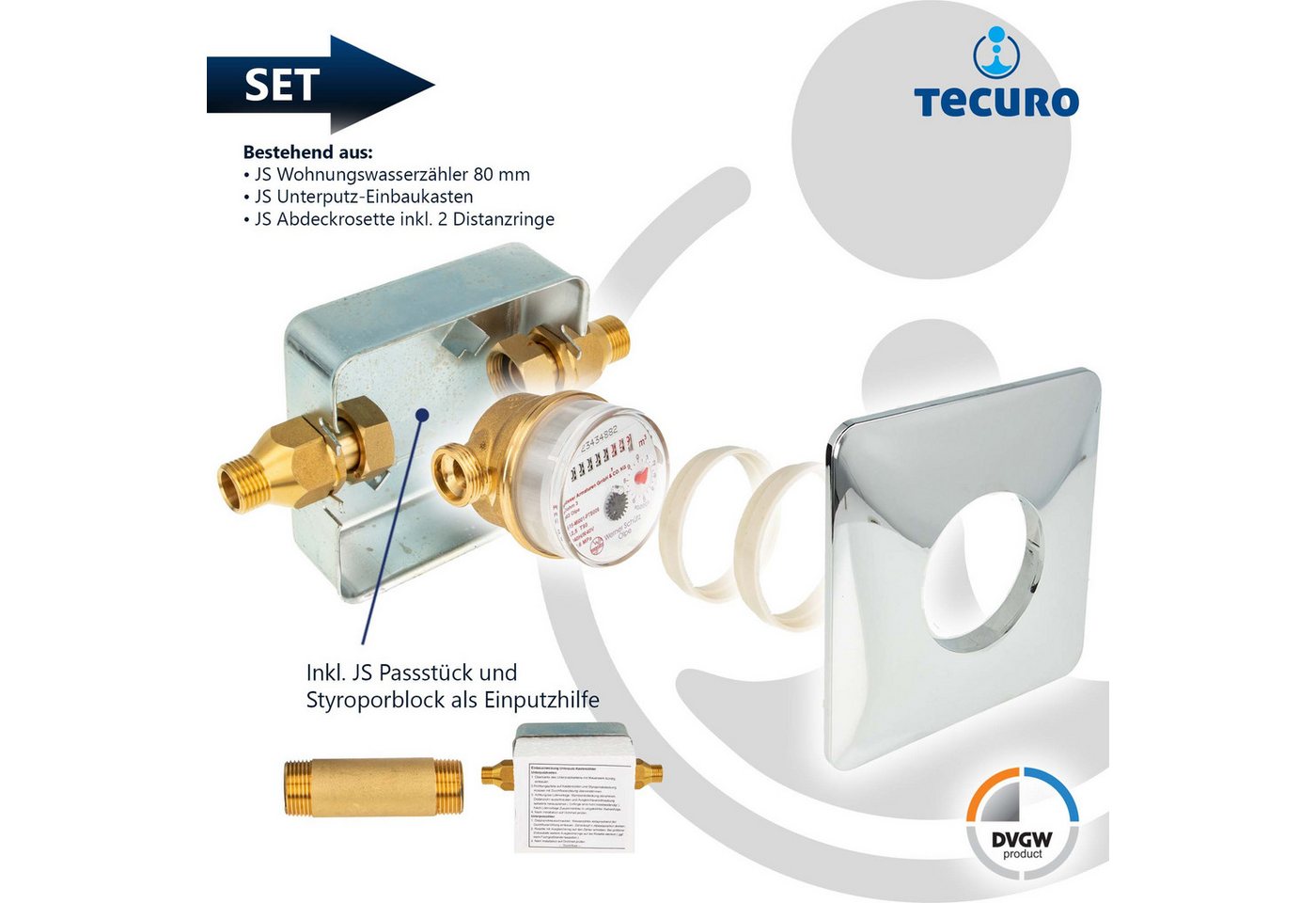Thumbnail - tecuro Wasserzähler Unterputz Einstrahlzähler System ETK Komplett-SET, Länge 80 mm, (Komplett-Set)