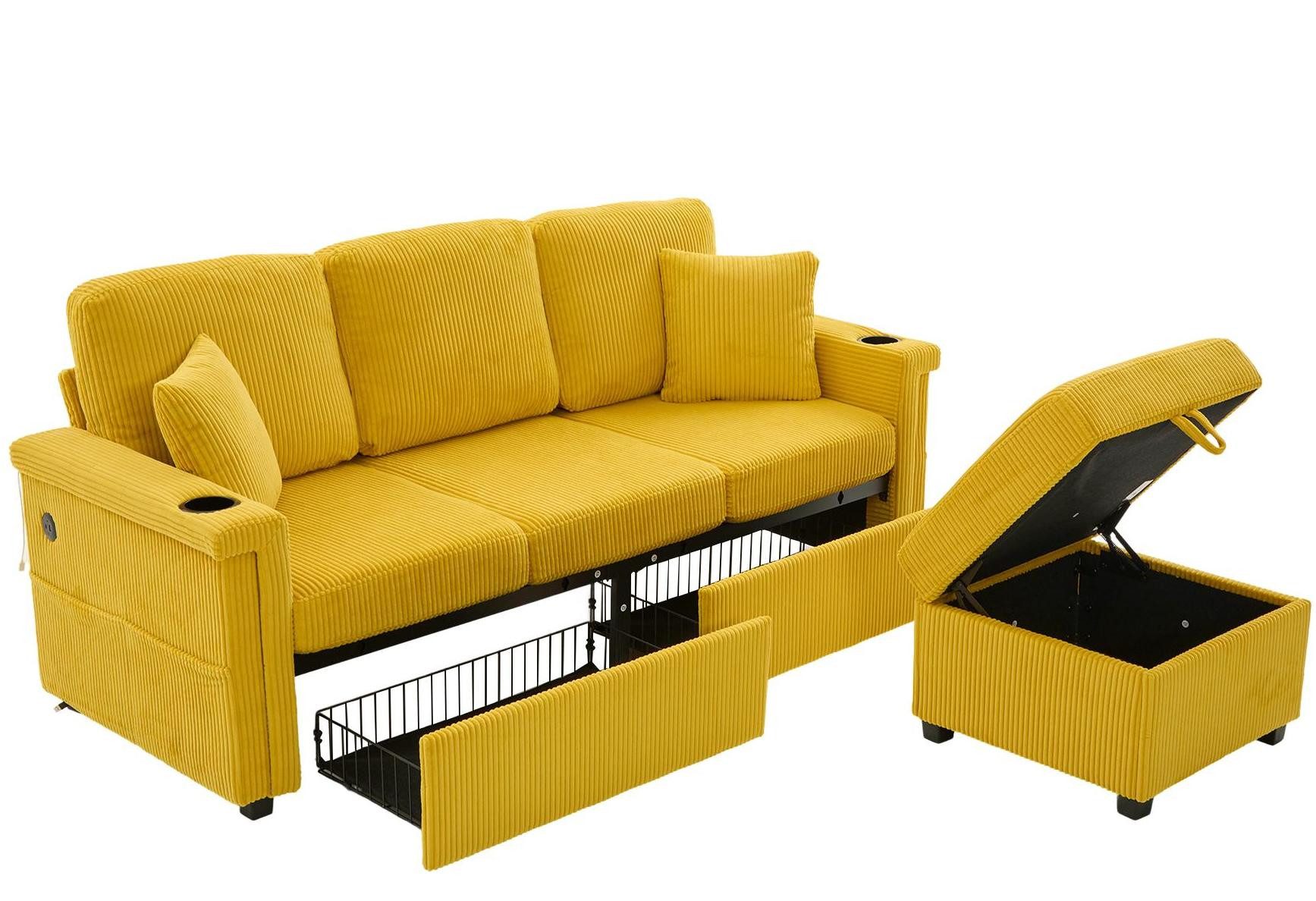 LVHOM Loungesofa Flanell-Designersofa mit Stauraum-Hocker, 2 Rollschubladen, LED-Licht, USB/Type C-Ladestation, Seitentaschen & Getränkehalter, Massivholzrahmen, gepolstert, Frei als Lounger, Einzelsitz oder L-Form arrangierbar