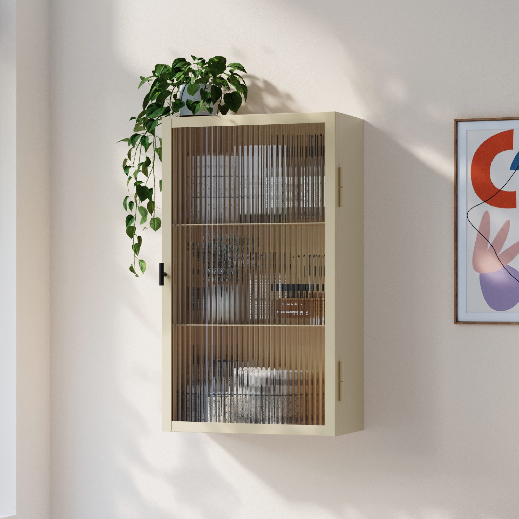 en.casa Hängeschrank »Zundert« 60 x 35 x 15 cm mit geriffelter Glastür Stahl Kamelfarben