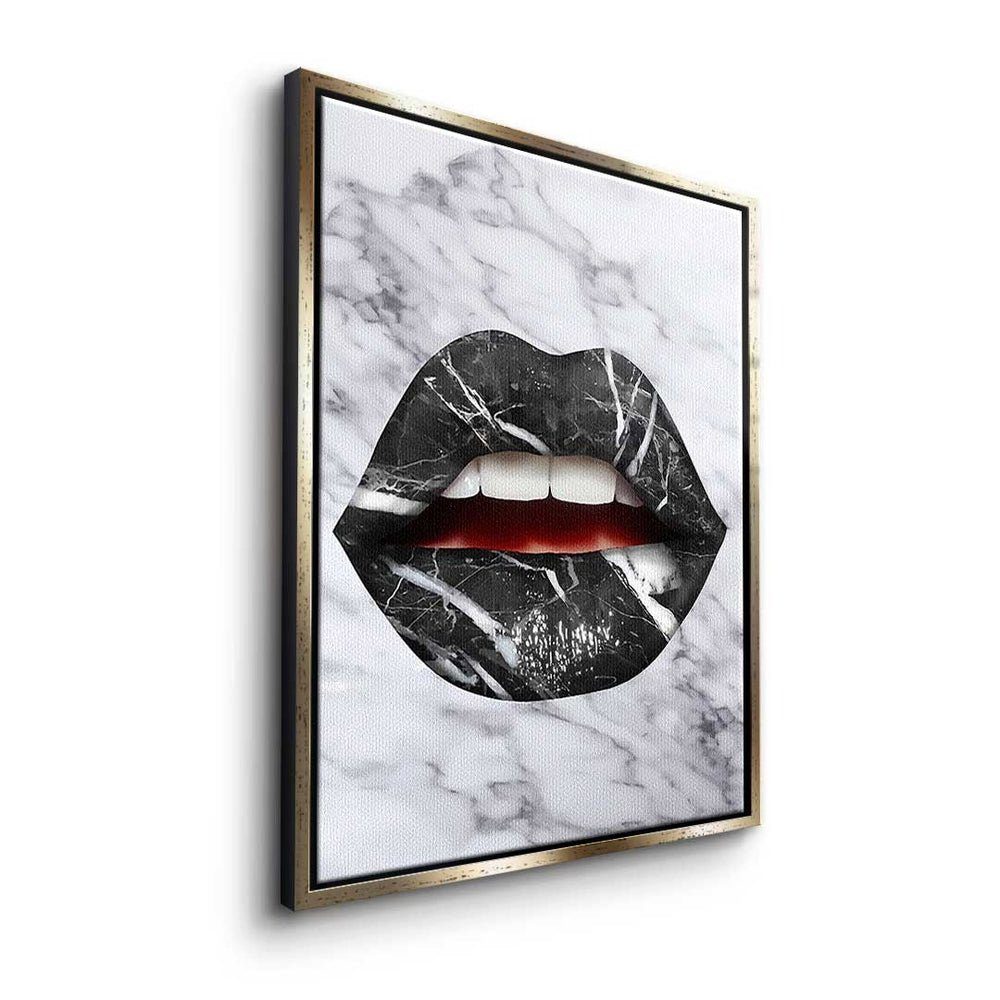 DOTCOMCANVAS® Leinwandbild, Premium Leinwandbild - X modernes Art - goldener Rahmen Lippen Wandbild - Pop Marmor