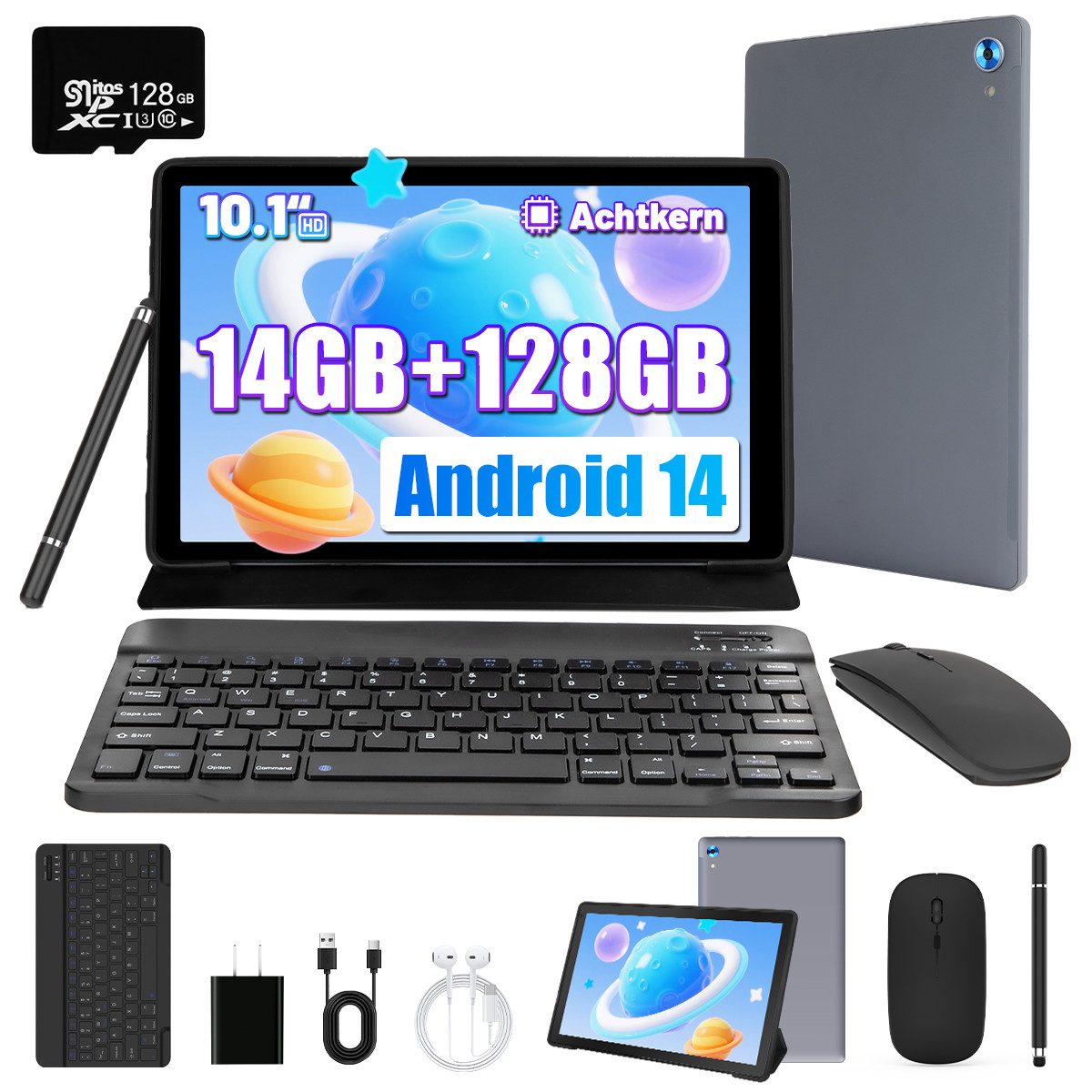 10.1 Zoll Octa-Core, 14G+128G, 5000 mAh, HD 1280x800, incl. Hülle Set Tablet