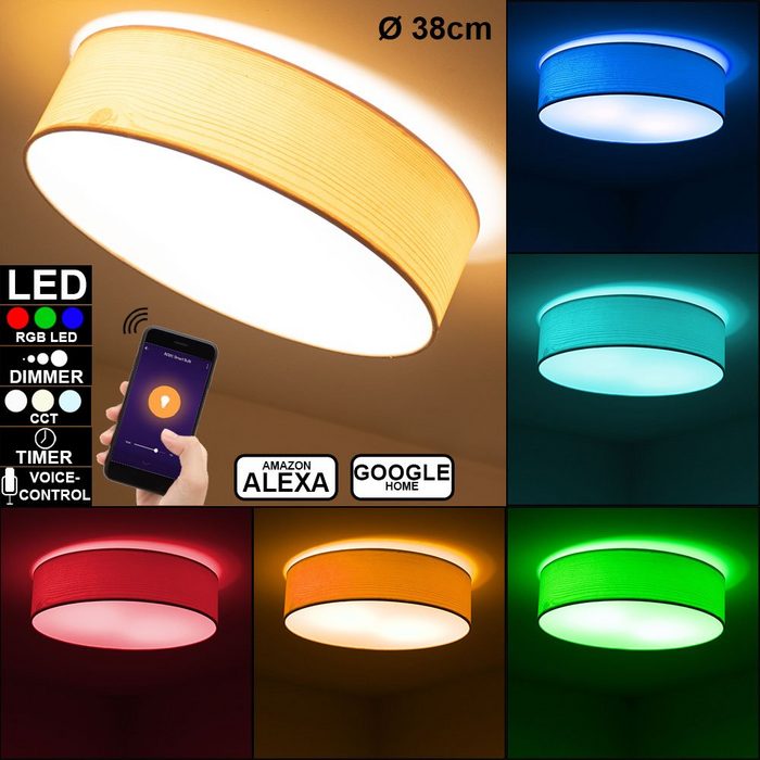 etc-shop Smarte LED-Leuchte Leuchtmittel inklusive Kaltweiß Warmweiß Neutralweiß Tageslichtweiß Farbwechsel Decken Lampe Alexa Google App Holz Optik Tageslicht Leuchte