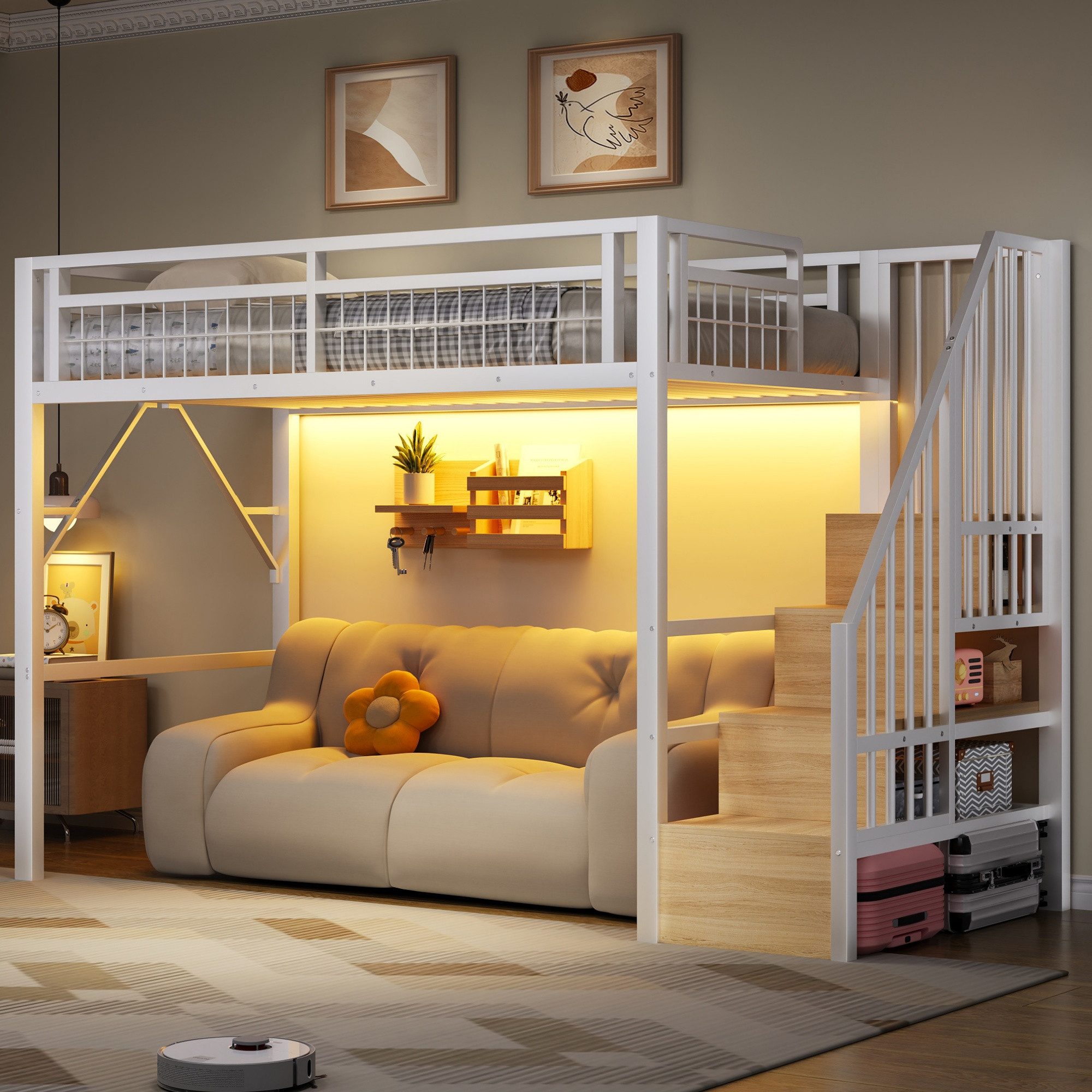 REDOM Hochbett Jugendbett mit Eisenrahmen, LED-Lichtleiste (Stauraumtreppe und freiem Raum zum Verkleiden, Metallbett, 90 x 200 cm) Inklusive Matratze