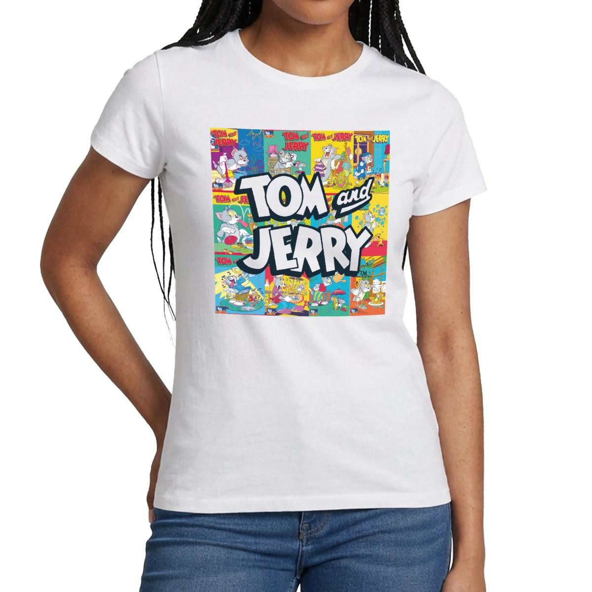 T-Shirt Tom Und Jerry Logo Mit Vintage-Cover Collage Frauen T-Shirt