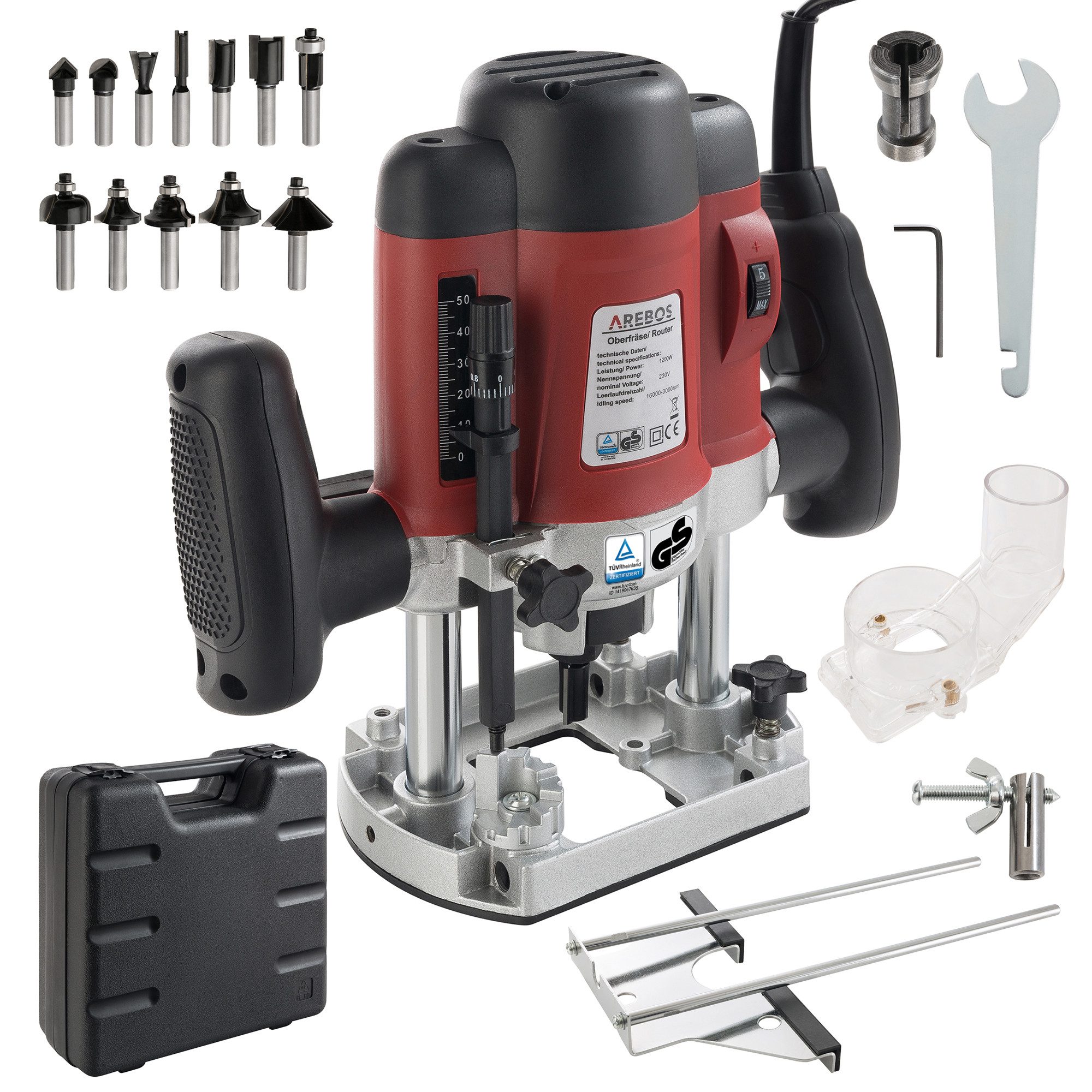 Arebos Oberfräse mit Koffer, 1200 W, inkl. Zubehör + Fräser Set 12-teilig, günstig online kaufen