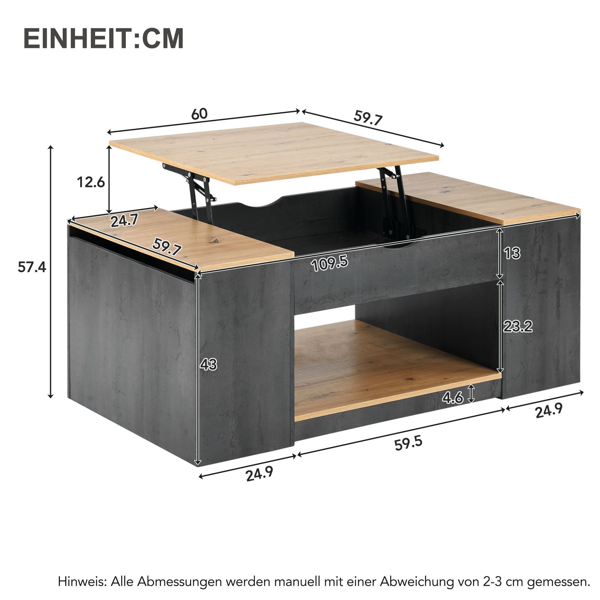 Liftfunktion Gestell REDOM Tischplatte), unter Couchtisch Design (Graues Stauraum Couchtisch Stilvolles