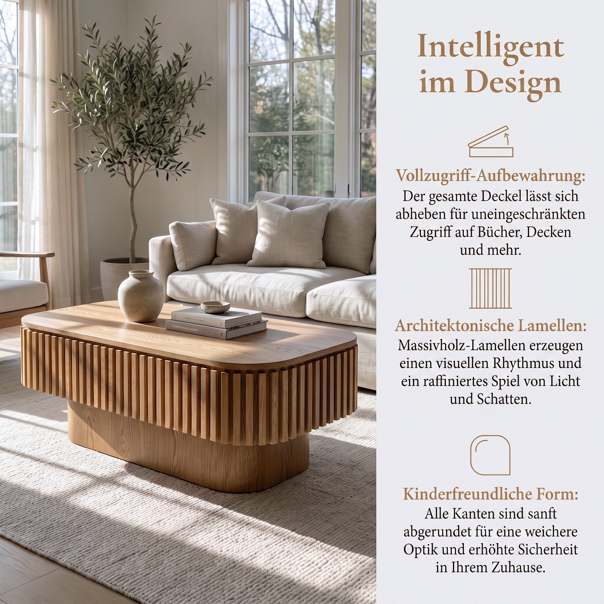 Celya Couchtisch 98 cm Rechteckiger Cocktailtisch mit verstecktem Stauraum (aus Massivholzfurnier, einfache Montage in 5 Minuten, für Wohnzimmer) – Bild 5 von 5