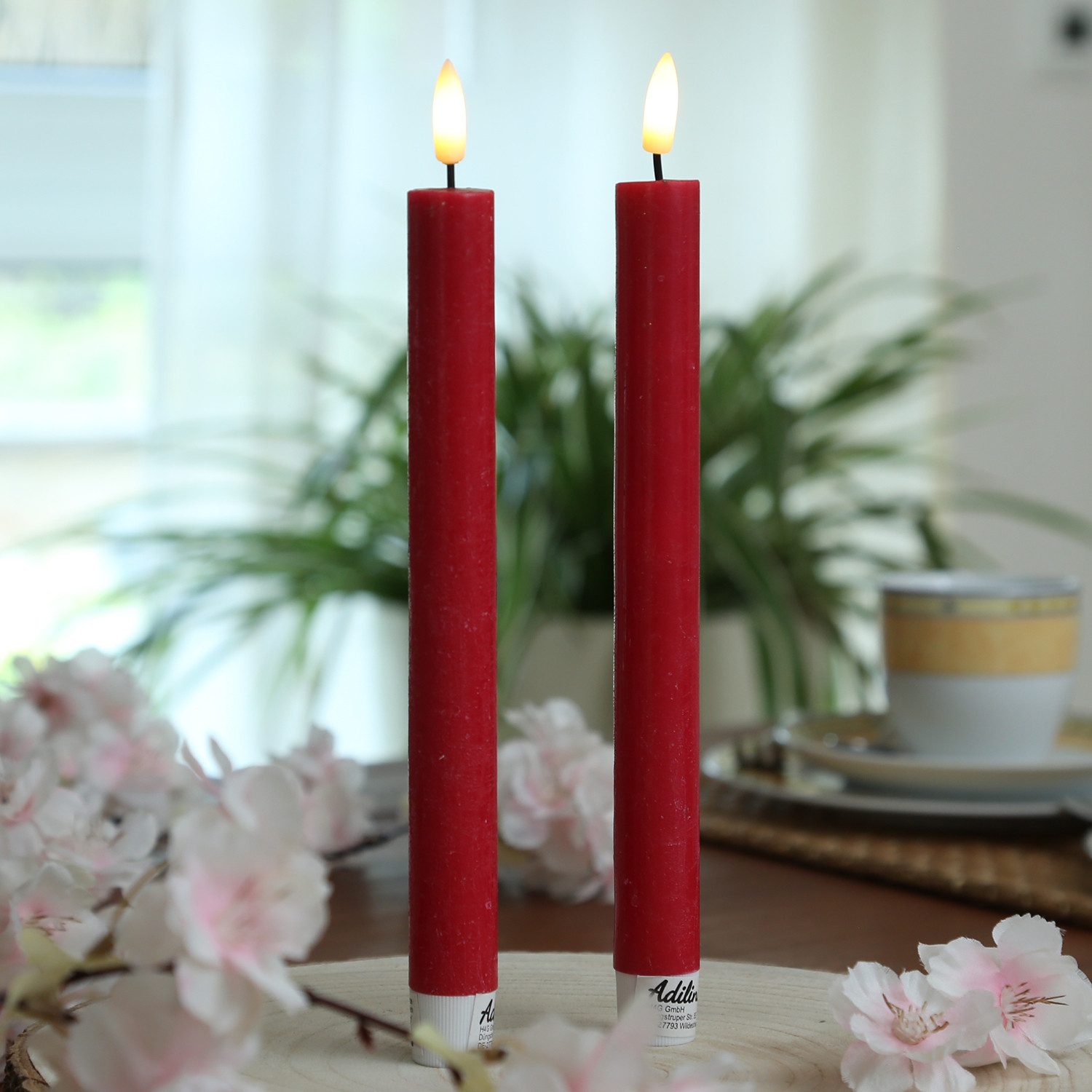 Adilina LED-Kerze LED Stabkerzen Tafelkerzen Dinner Spitzkerzen rustikal 24cm rot 2St, warmweiß (2100K bis 3000K)