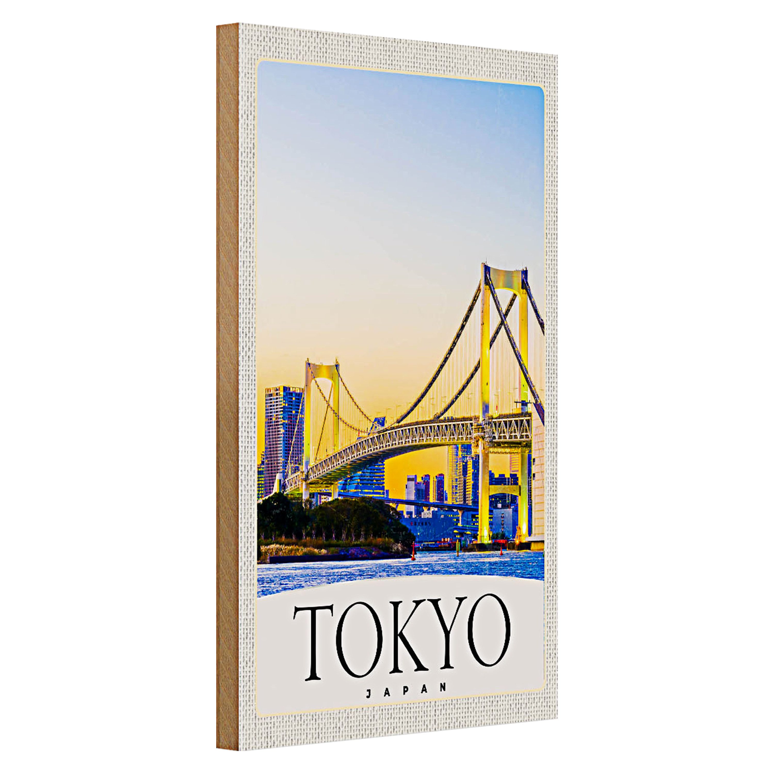 Roomando Holzbild Holzschild Reise 20x30cm Tokyo Asien Japan Brücke HochhausSchild