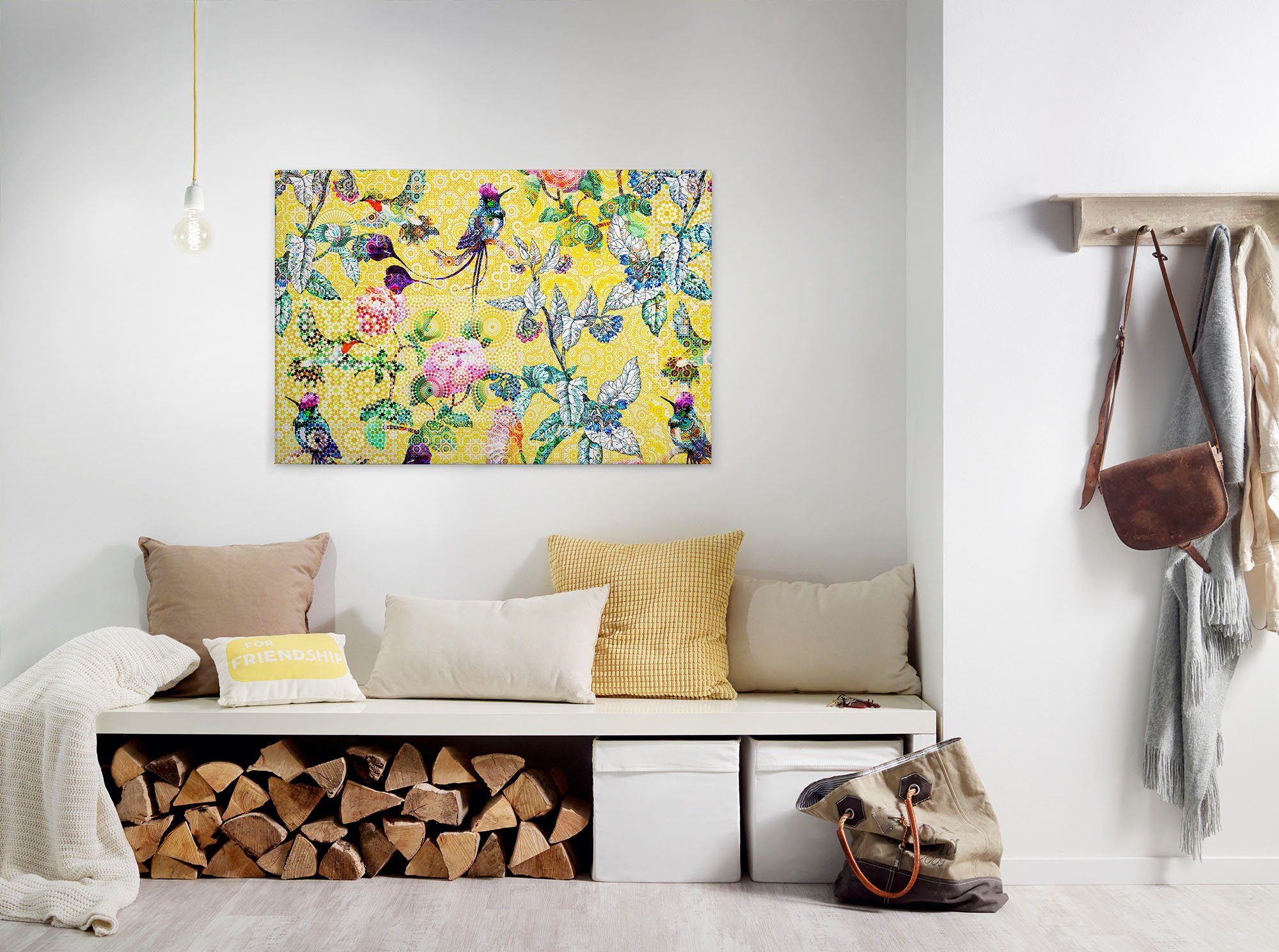 A.S. Création Leinwandbild exotic mosaic, Kinder, Kunst, Vögel (1 St), Mosaik Keilrahmen Floral Blumen Vögel Leinwand-Bild Wohnzimmer modern