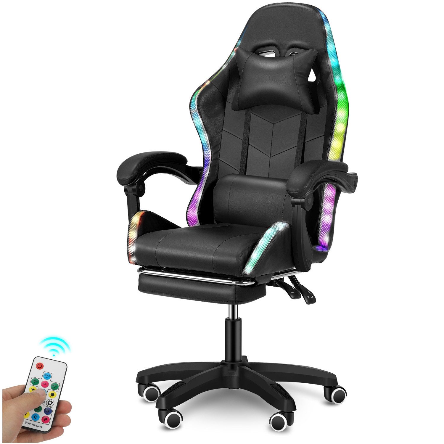 OULENBIYAR Gaming-Stuhl Gaming Chair LED, RGB Computerstuhl mit Fußstütze und Lendenkissen, Racing Gamer Stuhl Ergonomisch,mit Verstellbare Kopfstütze,Bürostuhl