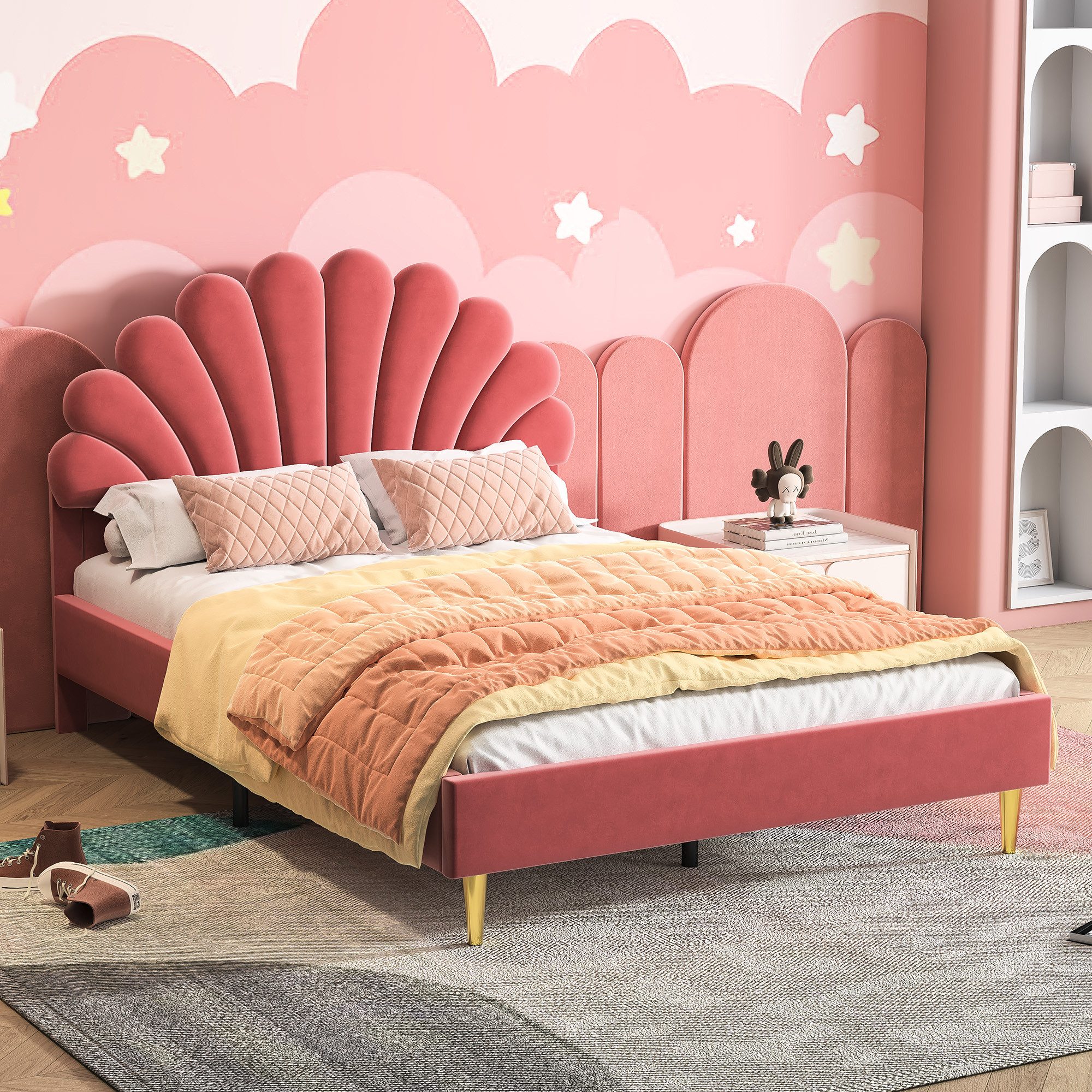 Simurq Polsterbett Polsterbett 140x200,Doppelbett,Jugendbett,Doppelbettgestell,Rotwein (140x200cm Bett Doppelbett mit Blütenblattform Prinzessinnenbett), Jugendbett mit Lattenrost,velours