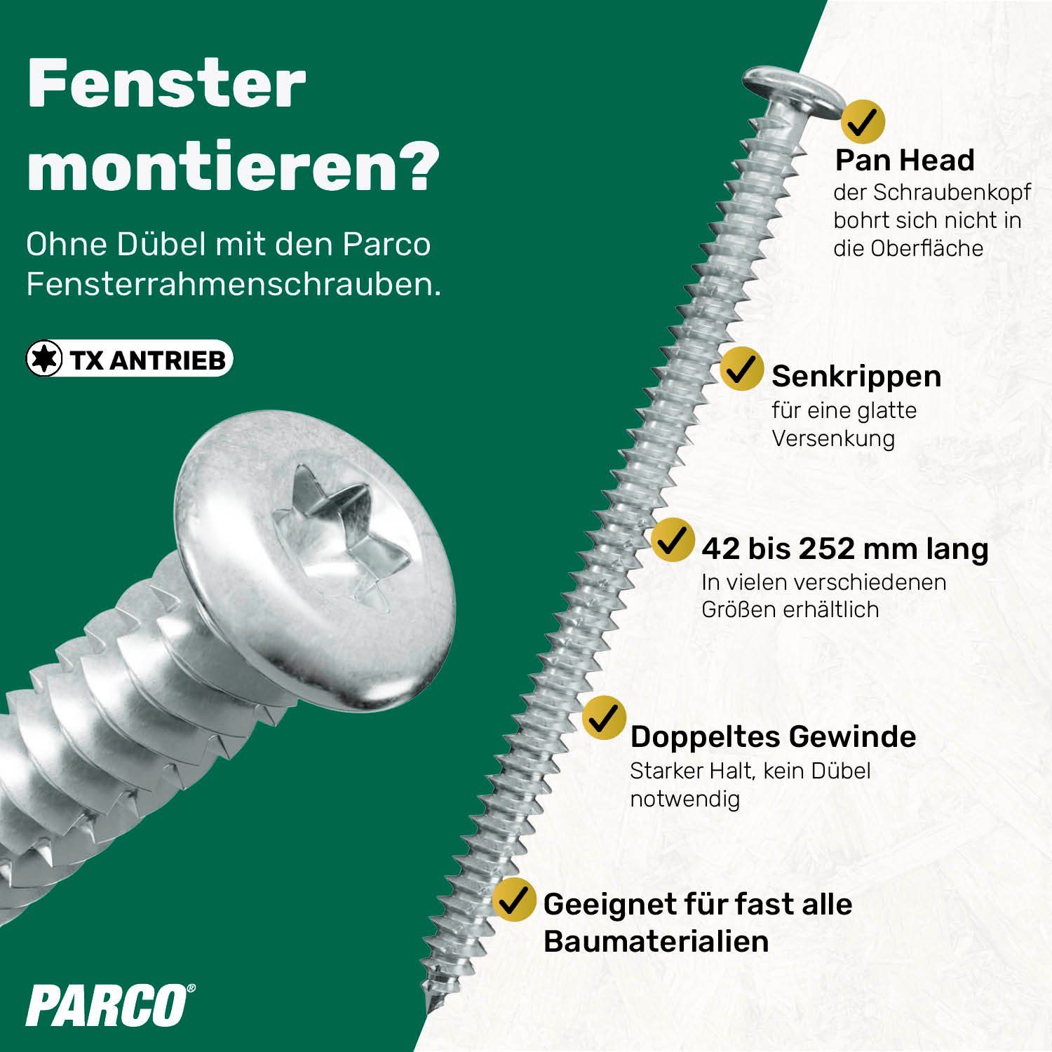 PARCO Fensterrahmenschraube Typ Pan Head, Silverline, TX30, 7,5x182mm & weitere - 100 Stück, Hohe Belastbarkeit, Einfache Montage, Doppeltes Gewinde