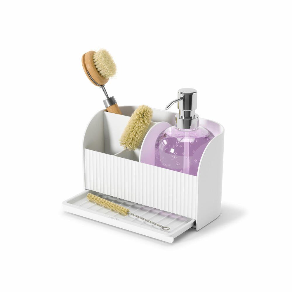 Umbra Küchenorganizer-Set Spülbecken-Caddy Sling mit Seifenspender Weiß, herausnehmbarer Seifenspender fasst 500 ml