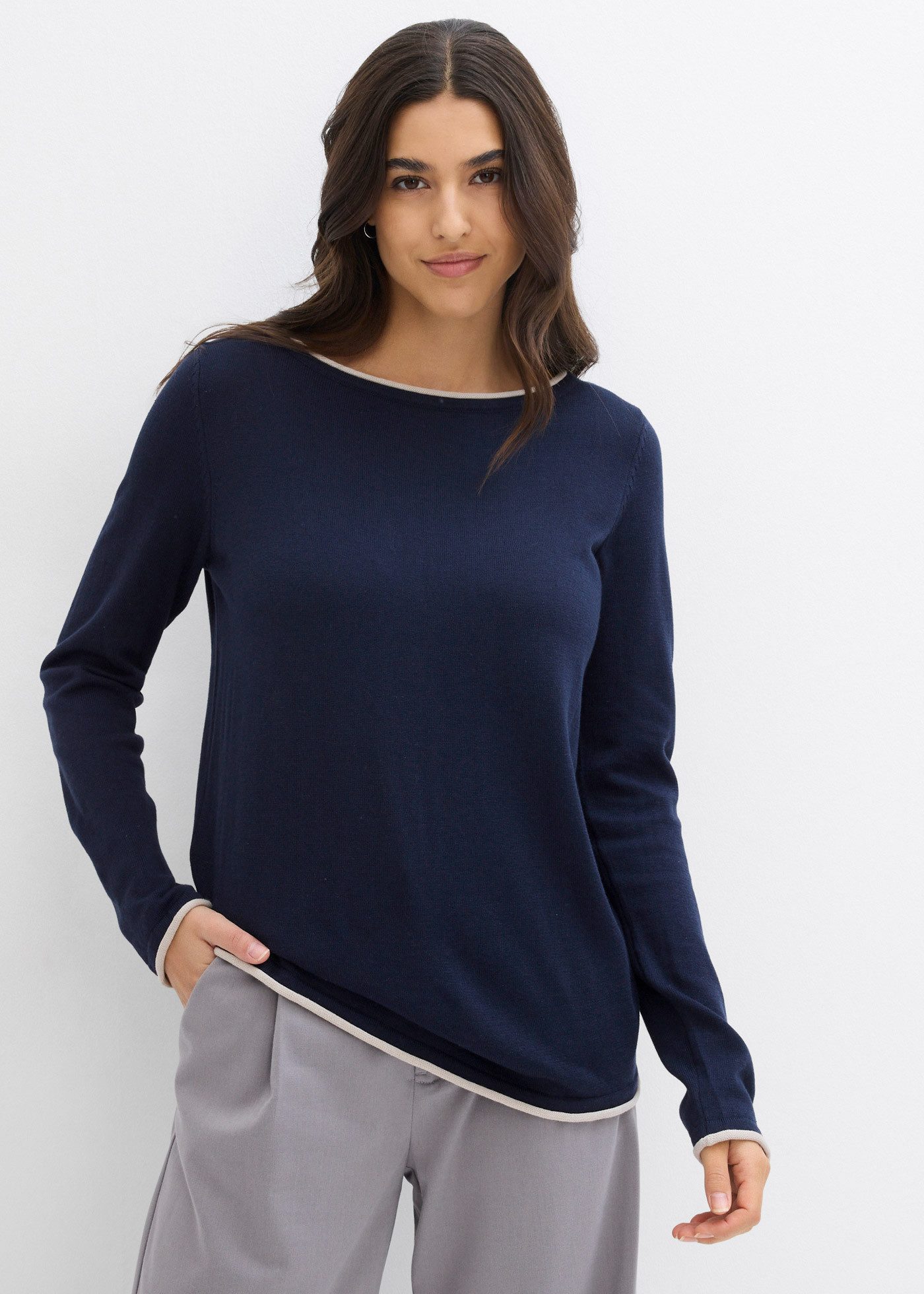 bonprix Strickpullover weiches Material, mit kontrastfarbiger Rollkante günstig online kaufen