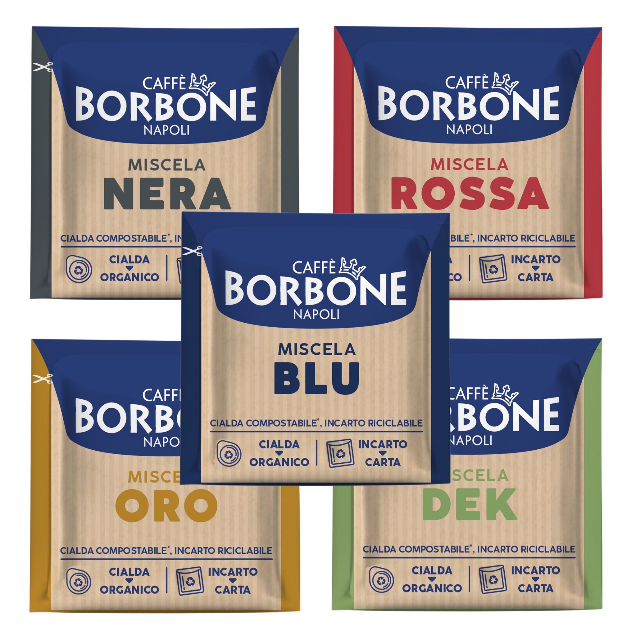 Caffè Borbone Kaffee Caffè Borbone E.S.E. 5er Mix-Set (250 Stk) Oro, Blu, Nera, Rossa, DEK, (Easy Serving Espresso 44mm Kaffeemaschine, Neapolitanischer Kaffee in Pads)
