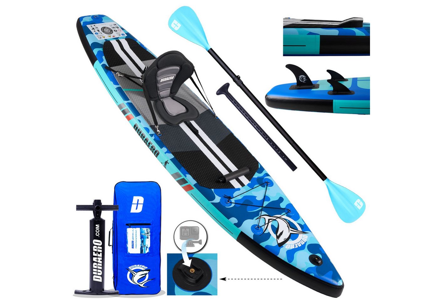 DURAERO Stand up Paddling Board Aufblasbare, Kajak Sitz, Blaues Camouflage SUP-Paddel