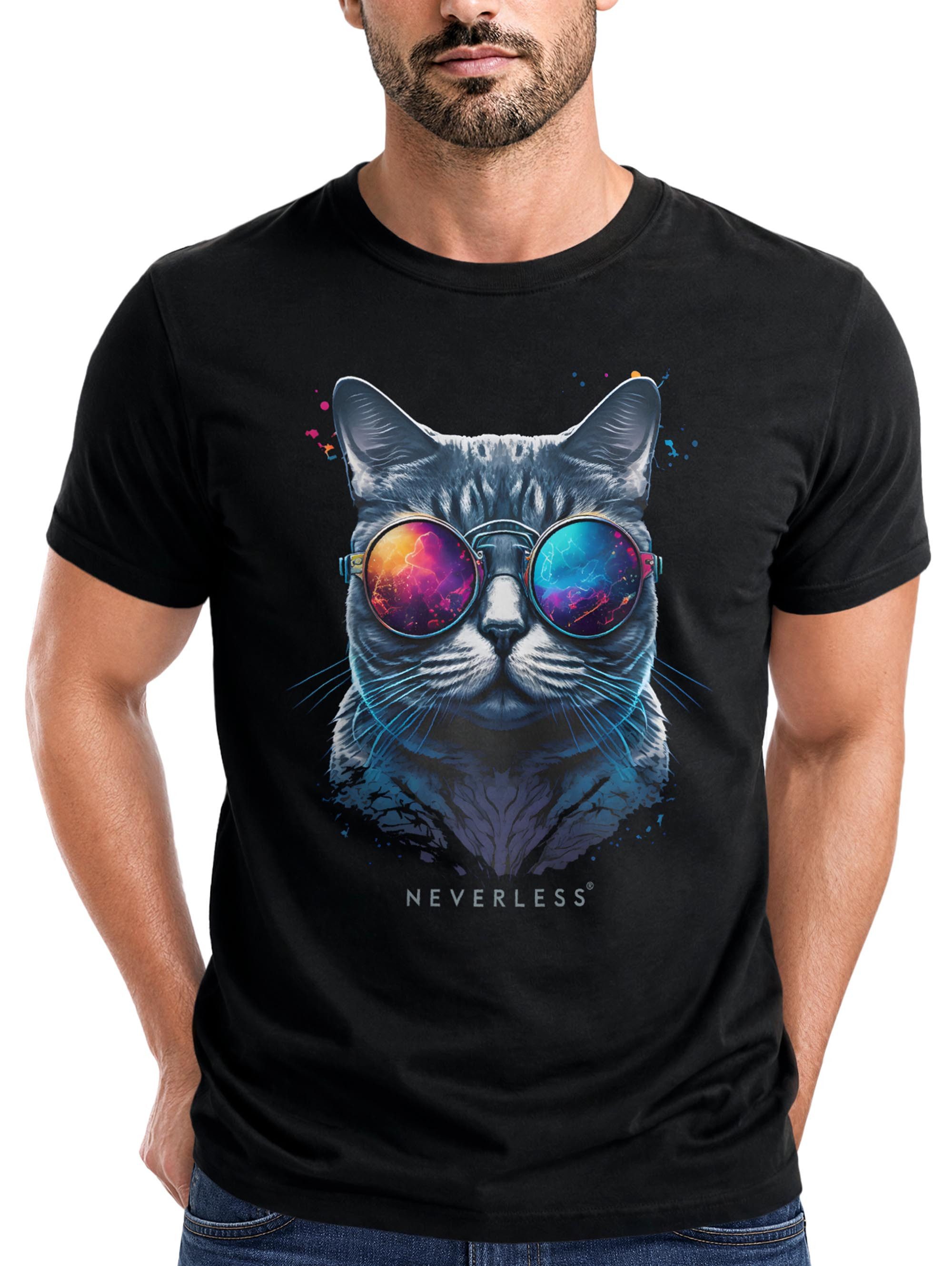 Neverless Print-Shirt Herren T-Shirt Aufdruck Katze Cat Sommer Sonnenbrille Style Fashion mit Print