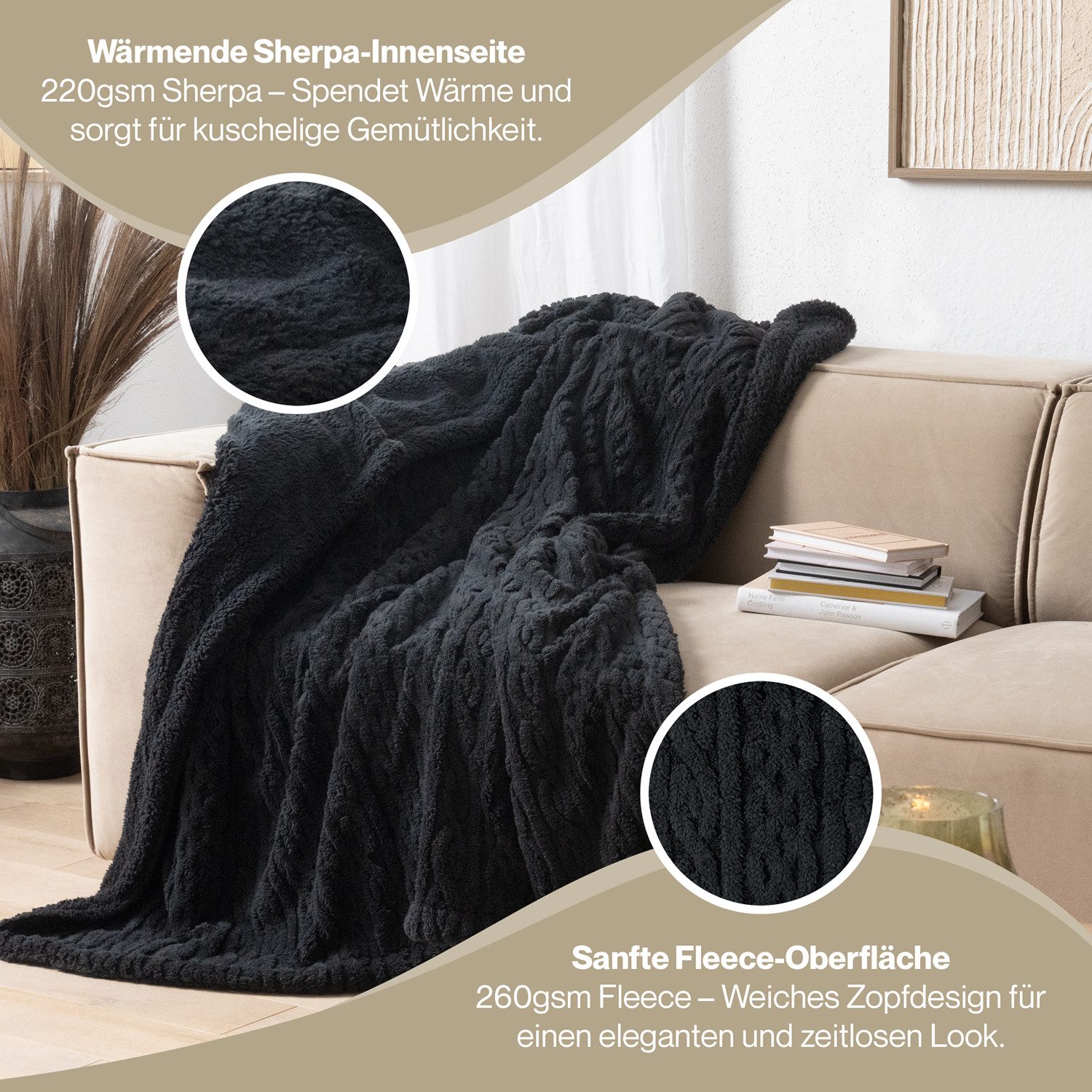 Wohndecke Oeko-TEX zertifizierte waschbare Wohn- & Kuscheldecke, Blumtal, mit weicher Sherpa-Innenseite – Bild 5 von 5
