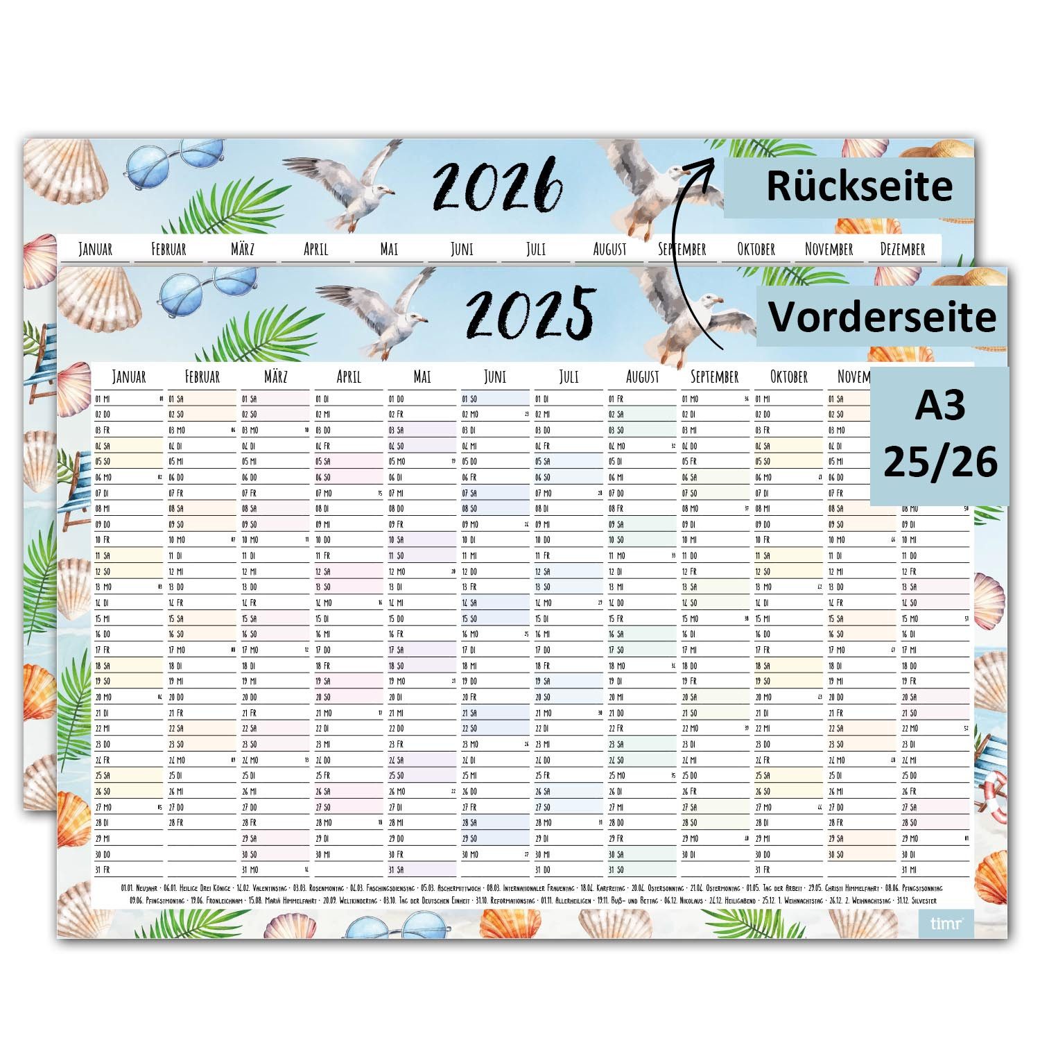 Timr Wandkalender Wandkalender 2025/2026 Motiv Strand - DIN A3 Kalender 12 Monate