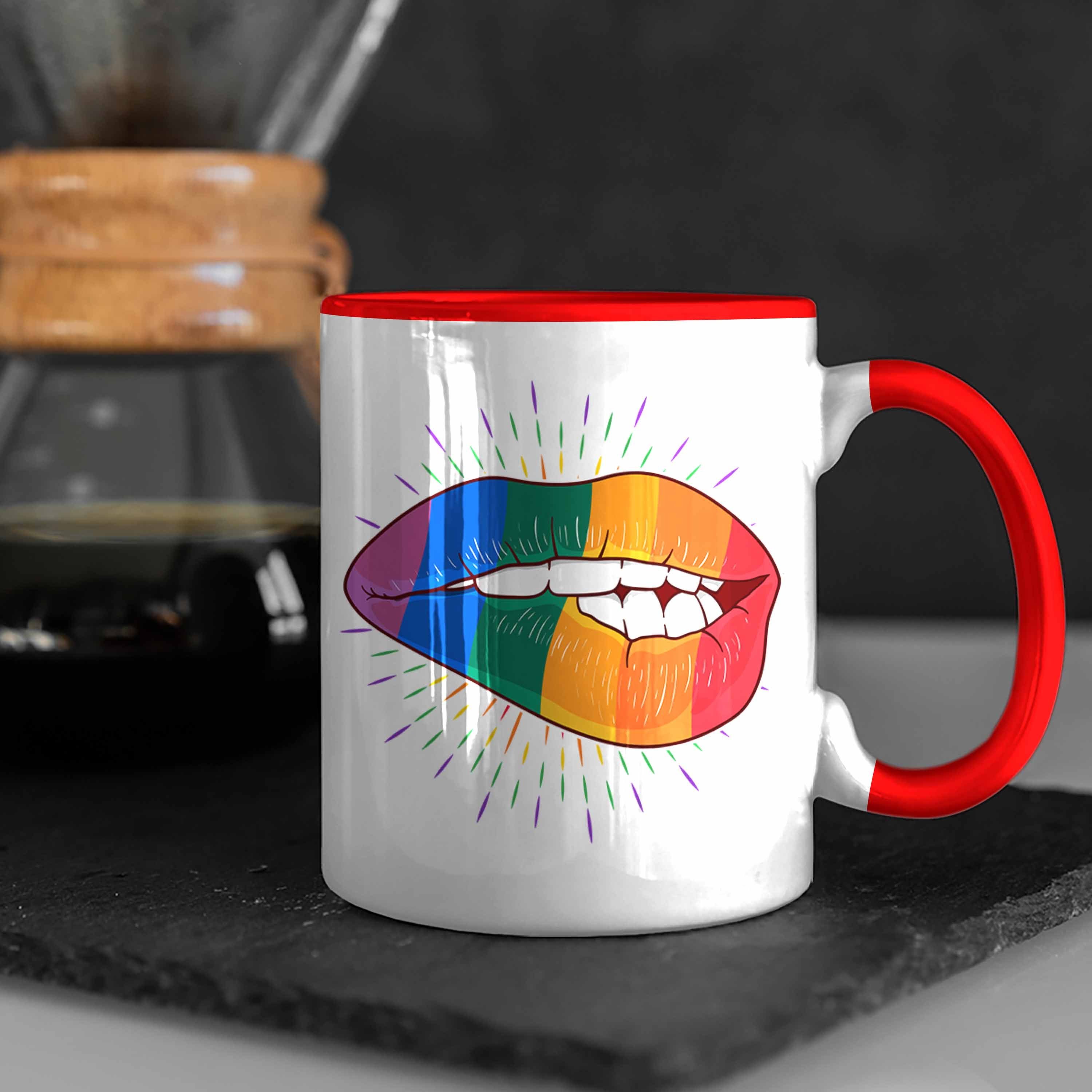 Lesben Rot Geschenk für Tasse Transgender Lippe Trendation Lustige Tasse Regenbogen Bunte Regenbogen Trendation - Schwule Grafik LGBT