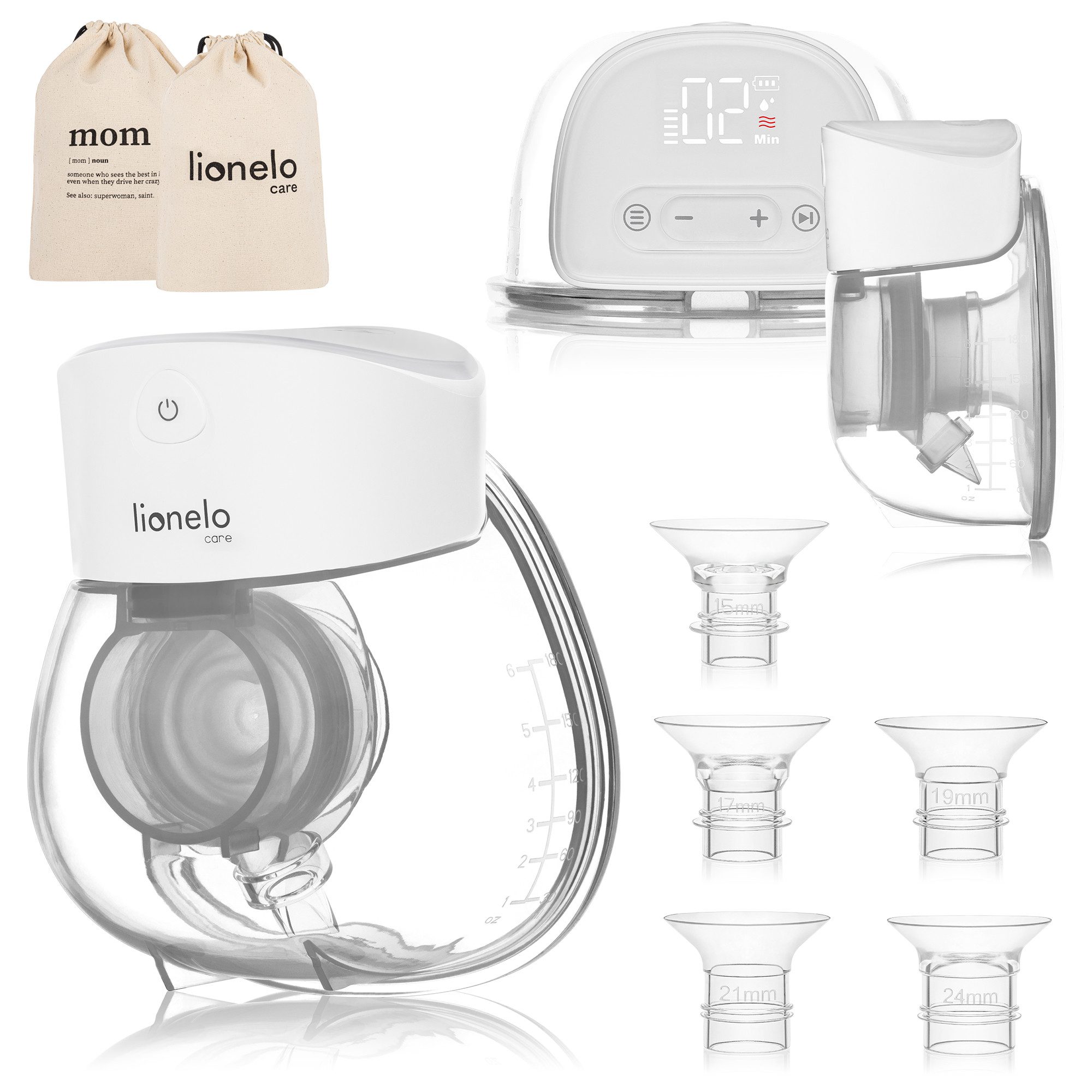 lionelo Elektrische Milchpumpe FIDI FREE LUMI, Set, Set mit unterschiedlich großen Trichtern, Hands-free/180 Min Akku/9 Stufen/LED-Anzeige/USB-C