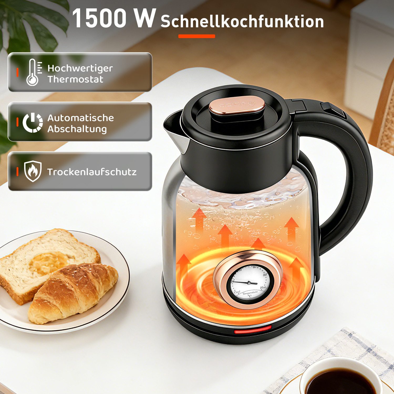 CkeyiN Pro Wasserkocher 304 Edelstahl,2L,Echtzeit-Thermometer,360°-Basis, 1500 W, Überhitzungsschutz, Trockengehschutz,Sprungdeckel,Leuchtanzeige