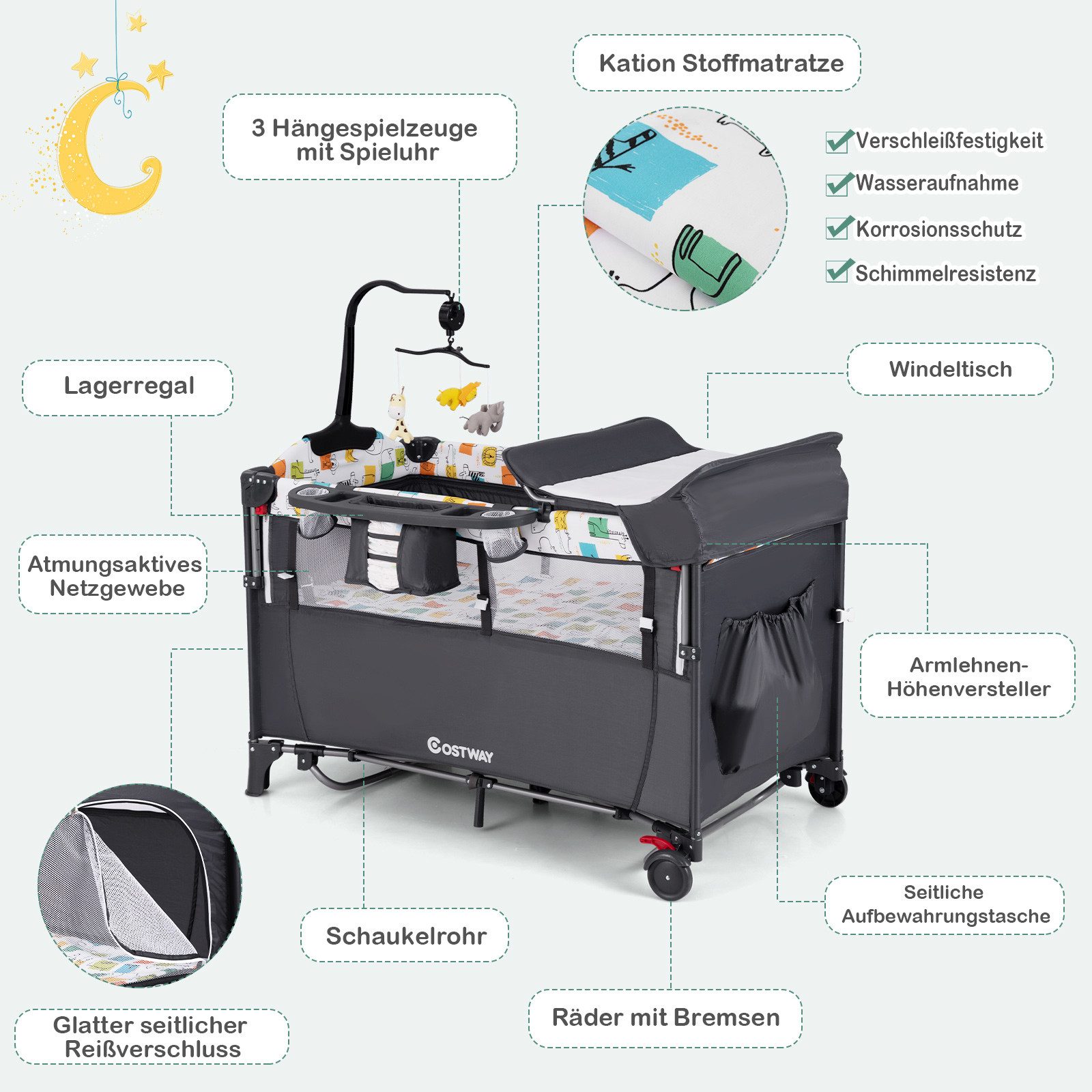 COSTWAY Baby-Reisebett 5 in1 Beistellbett, mit Matratze, höhenverstellbar