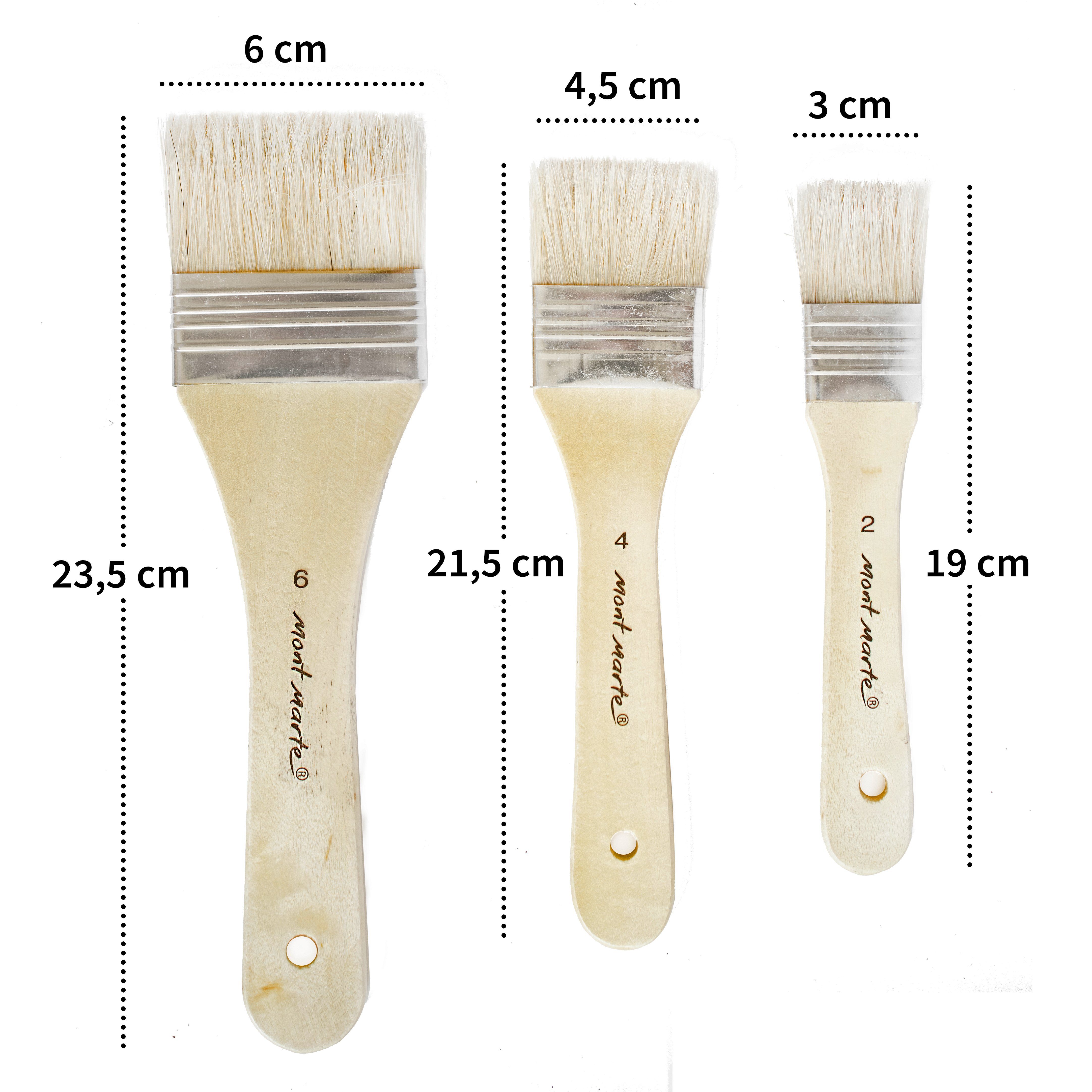 Mont Marte Malpinsel Set mit 3 x Qualitäts-Gesso-Pinsel, Flachpinsel in Größe 2, 4 und 6, (Set, 3 St., MONT MARTE - Malutensilien), Kurzer, stabiler Holzgriff & Memoryborsten, für Lasuren & Grundierung