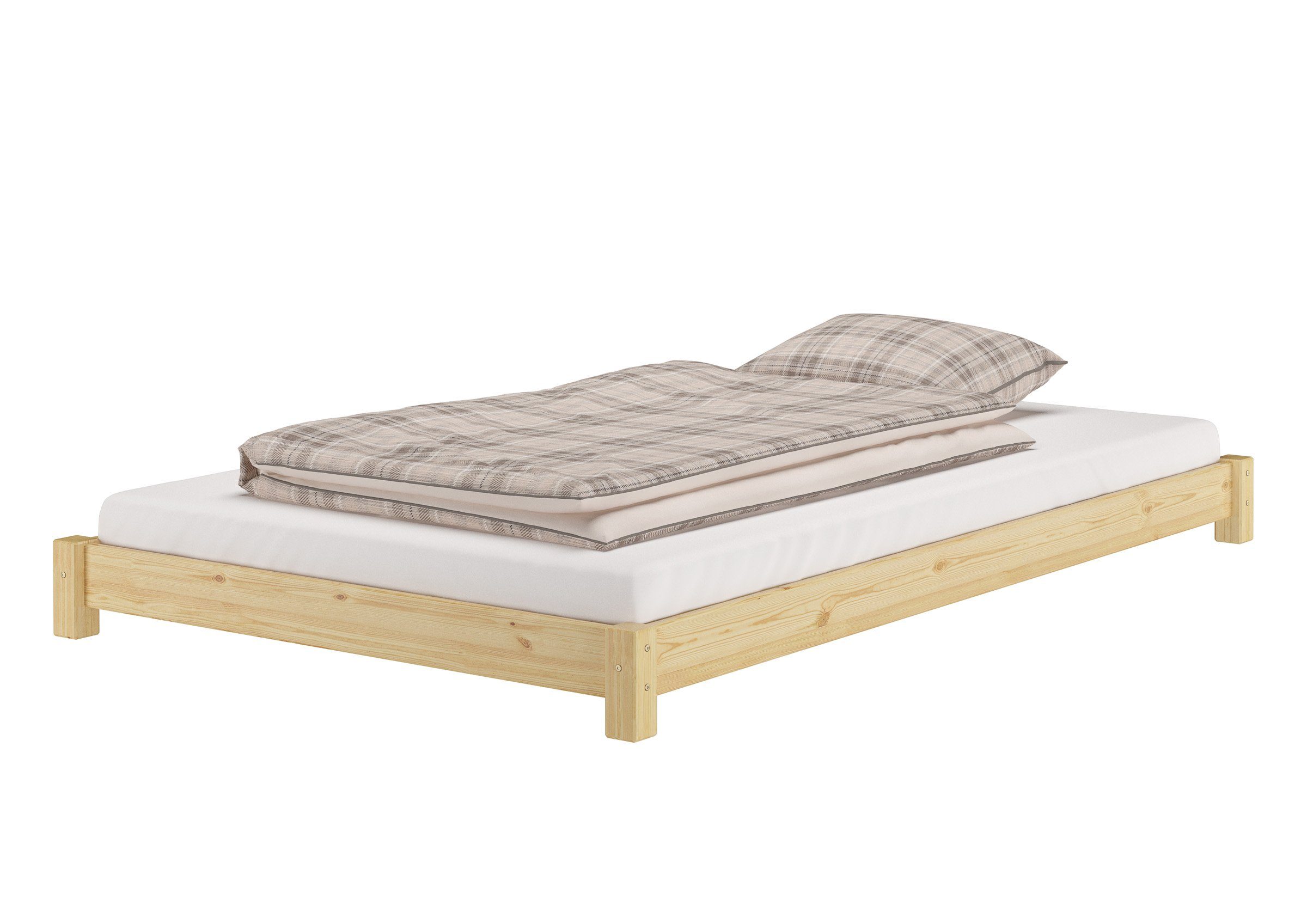 120x200 Kieferfarblos Futonbett Kiefer massiv, ERST-HOLZ lackiert Einzelbett flaches Breites, Bett