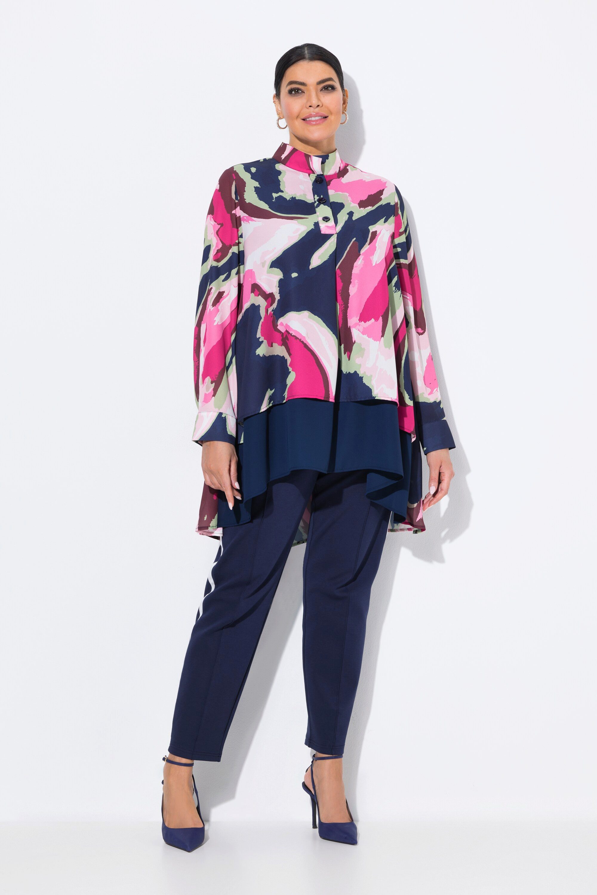 Ulla Popken Tunika Tunika A-Linie Stehkragen Zierfalte Langarm günstig online kaufen