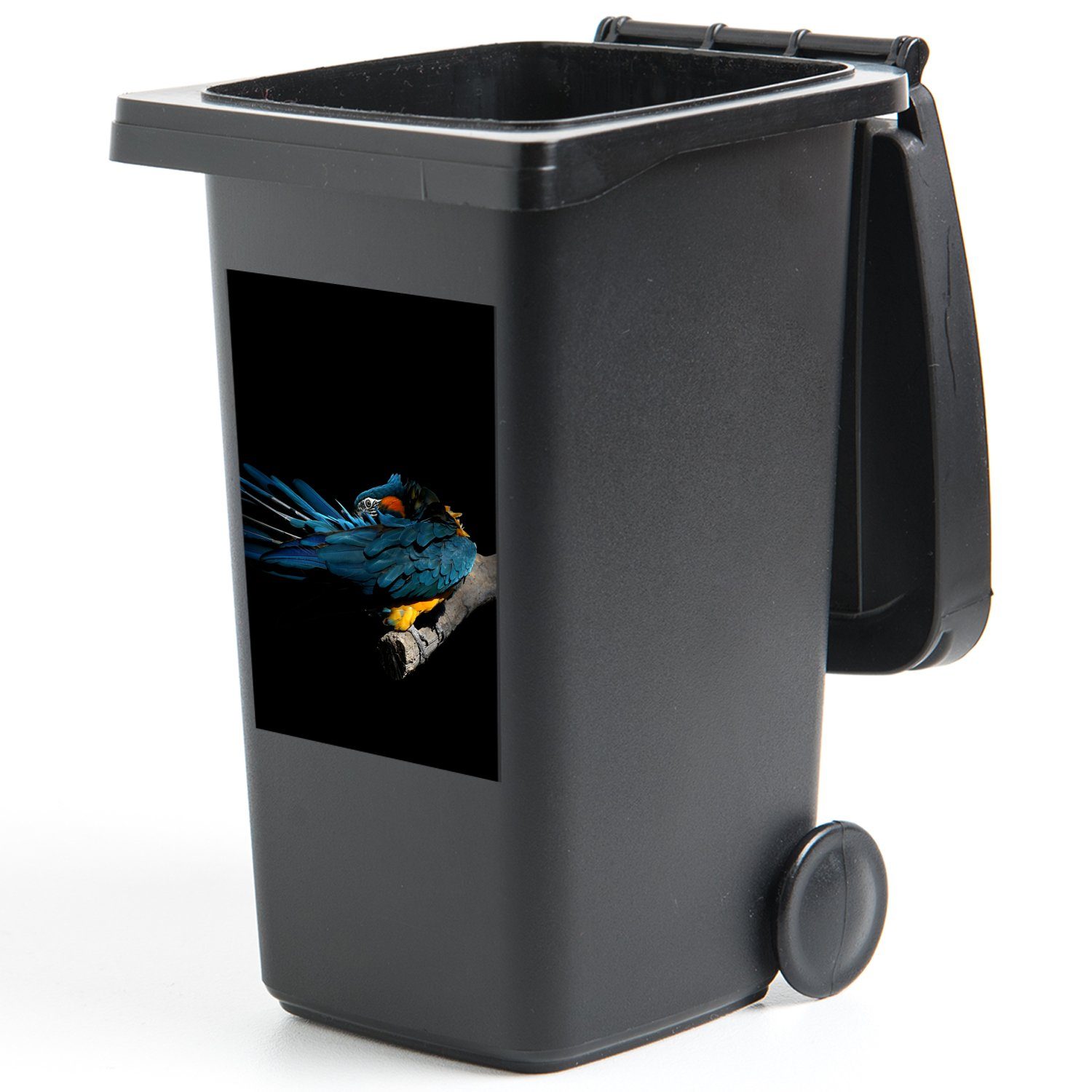 - Schwarz Abfalbehälter (1 Zweig Mülleimer-aufkleber, Mülltonne, - MuchoWow Wandsticker Sticker, St), Container, Federn - Vogel