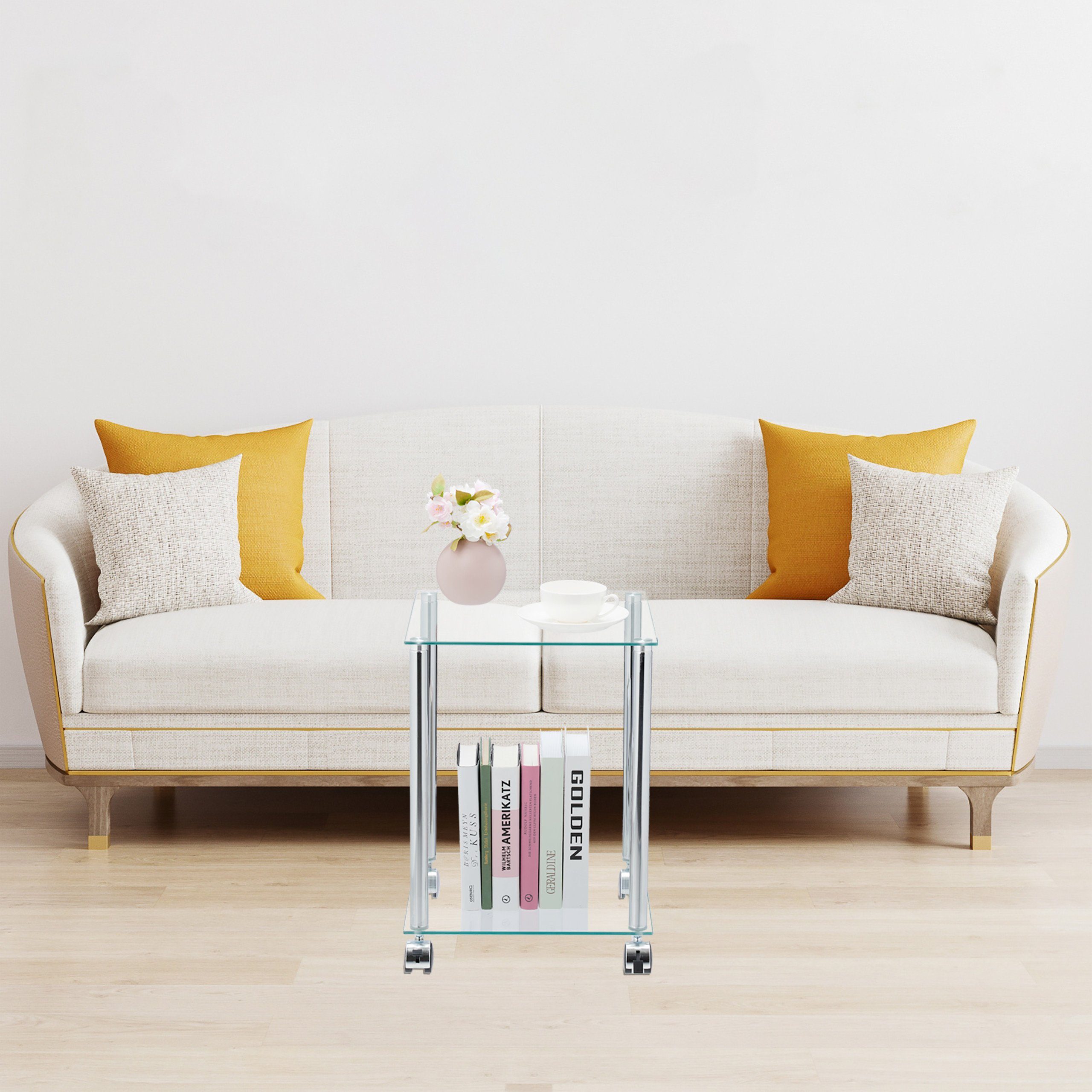 relaxdays Beistelltisch Glas Beistelltisch mit Rollen