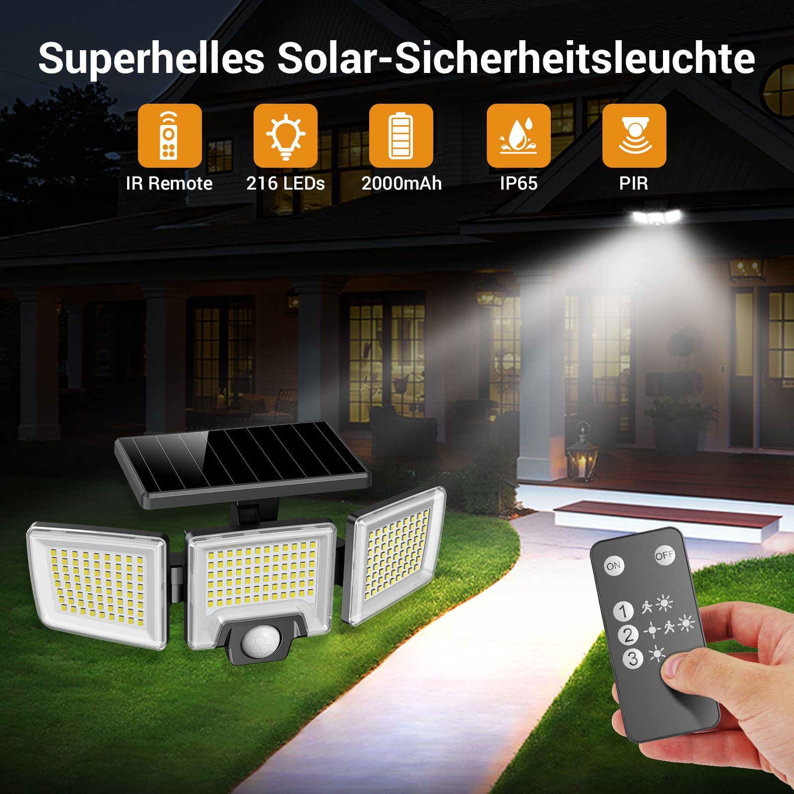 Mustwin LED Solarleuchte Solarleuchte fest Solarlampe LED IR-Fernbedienung mit Außen Lampe Garten, integriert, LED LED Solar Fluter