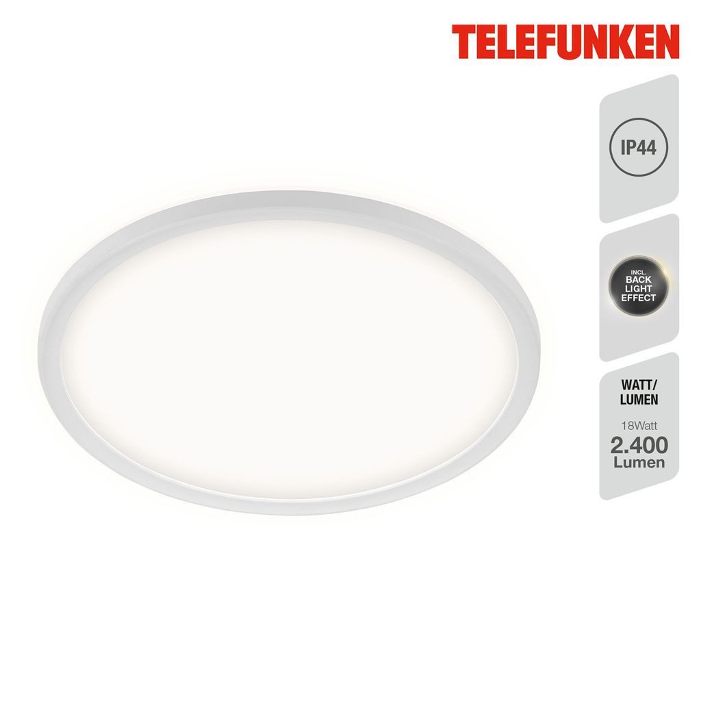 Telefunken LED Deckenleuchte 321606TF, LED fest integriert, 2700K - Extra-Warmweiß, Backlighteffekt, IP44, ultraflach, weiß, Neutralweiß 4000K