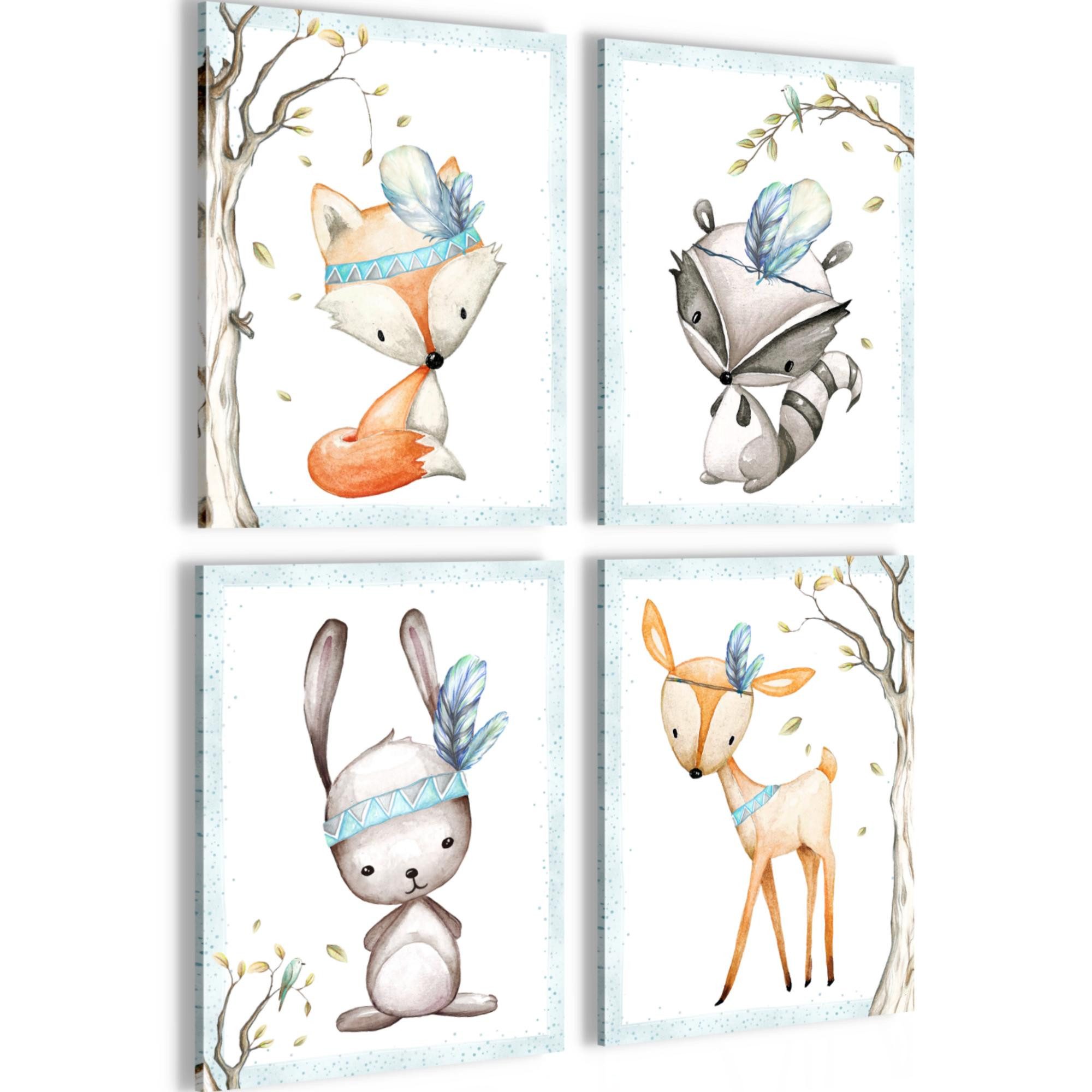 Novart Wandbild Kinderzimmer Tiere Bilder Set 4 Teile 30x40 cm Babyzimmer, (4 St)