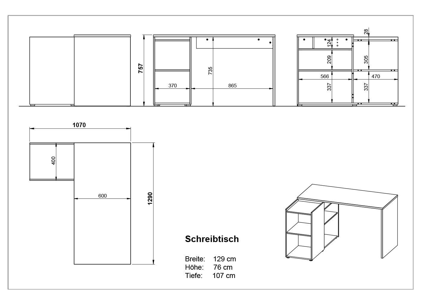 Schreibtisch 393 cm), in 129x76x107 (BxHxT: grau möbelando