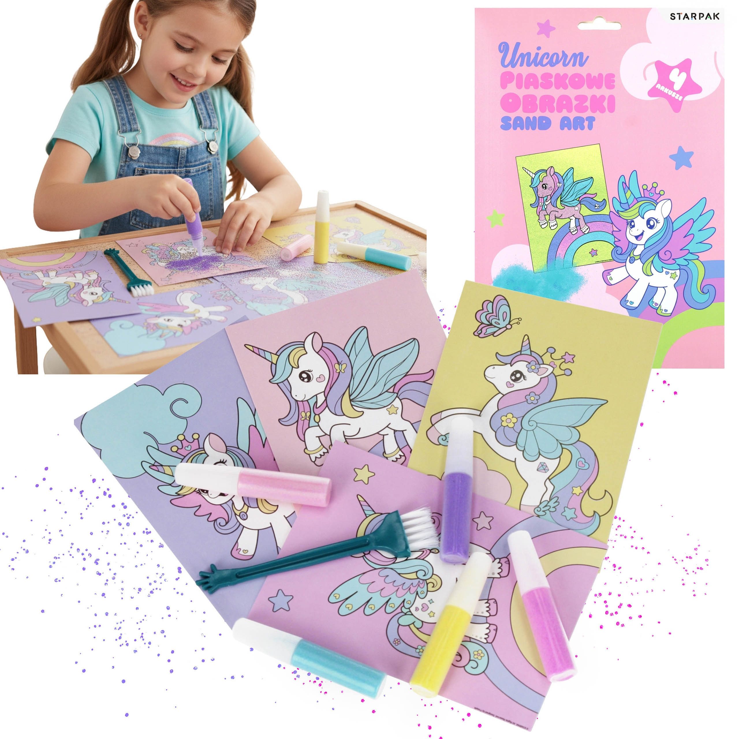 Sarcia.eu Stickerbuch Einhorn Sandbilder Kreativset für Mädchen, 4 Bilderblätter Bastelset